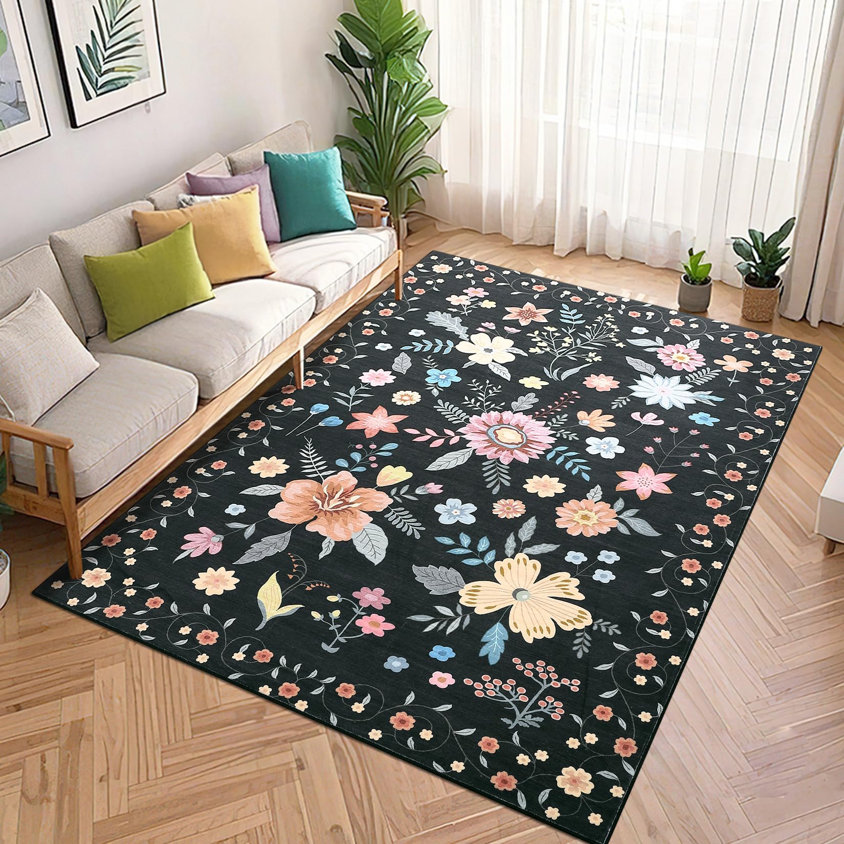 Garvee 9x12 Area Rug Boho Floral Machine Washable Ultra-Thin Non Slip Low Pile Carpet Black for Living Room Bedroom Nursery