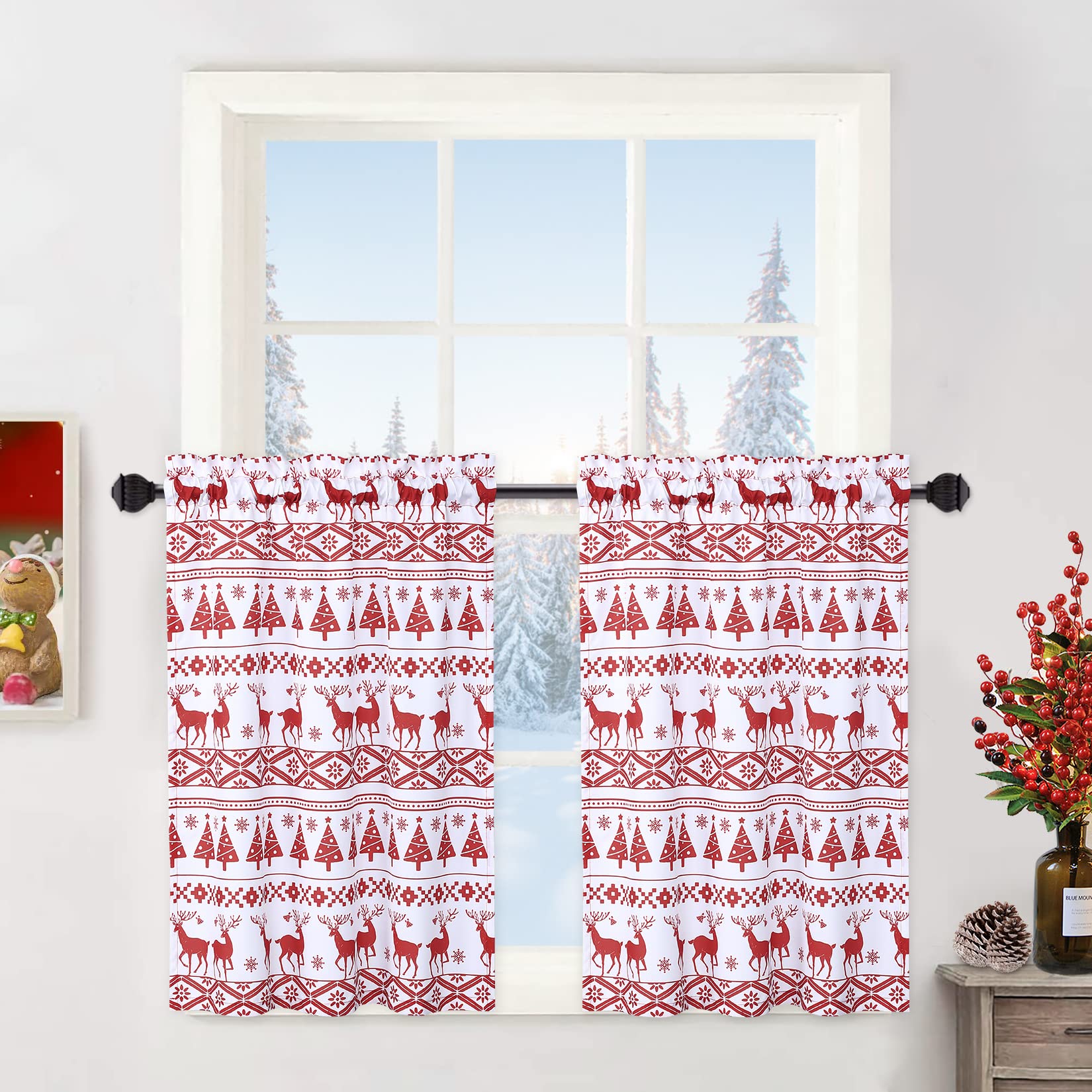Garvee Kitchen Curtains for Bathroom, Christmas Tree and Deer Pattern Small Tier Curtains 30 Inches Boho Xmas Home Decor Café Curtain Set Bathroom Win