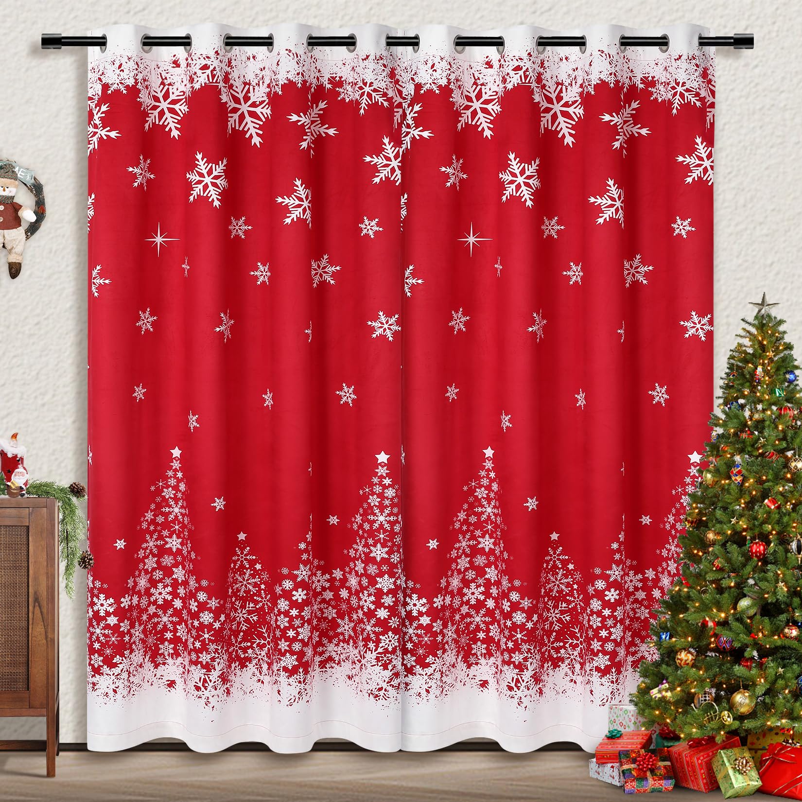 Garvee Merry Christmas Window Curtains 52Wx84L inch, White Snowflakes Christmas Red Velvet Curtains Set of 2 Panels for Bedroom Living Room Kitchen De