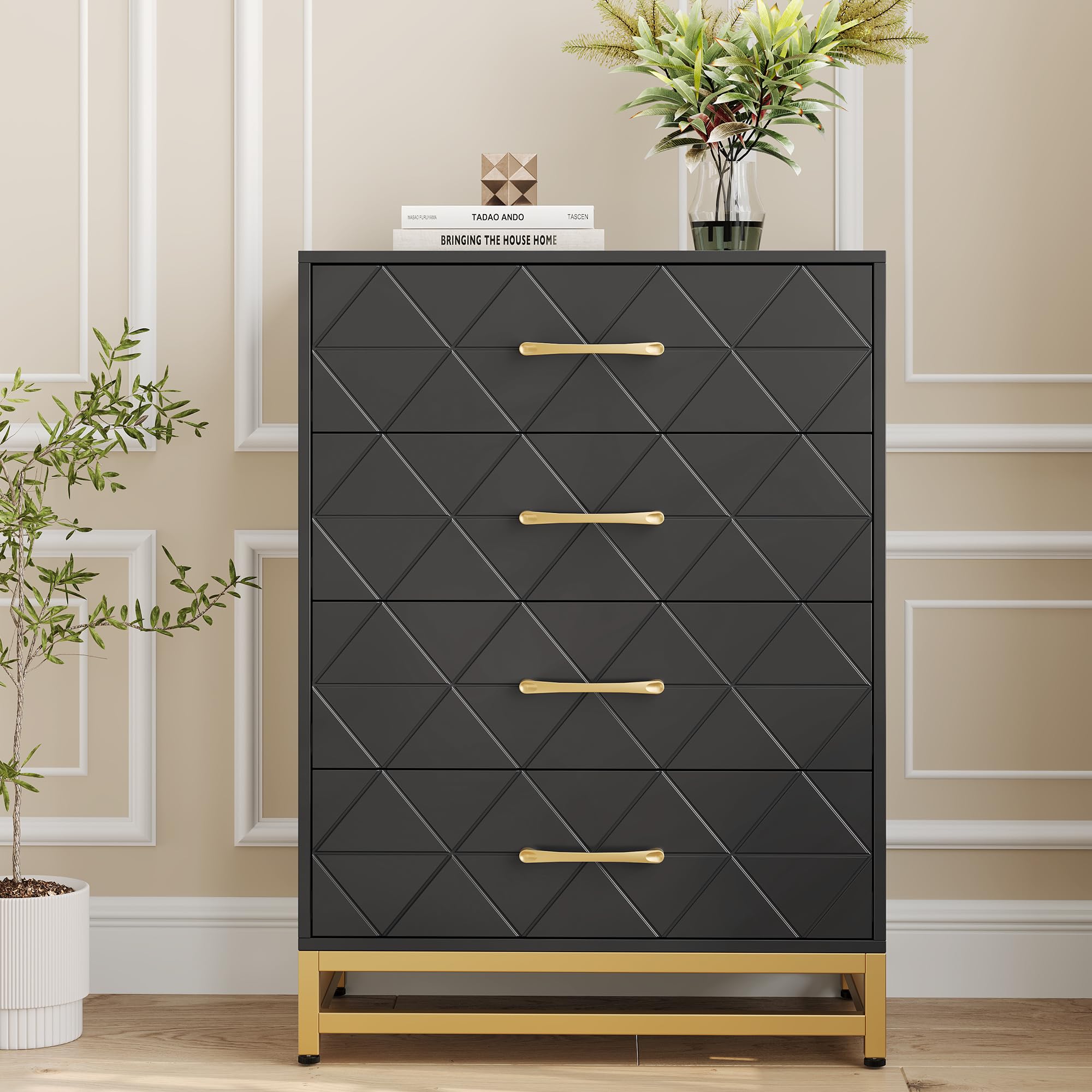 Garvee Dresser for Bedroom with 4 Drawer, Wood Modern Dressers Chest of Drawers with Wide Drawers and Metal Handles, Black