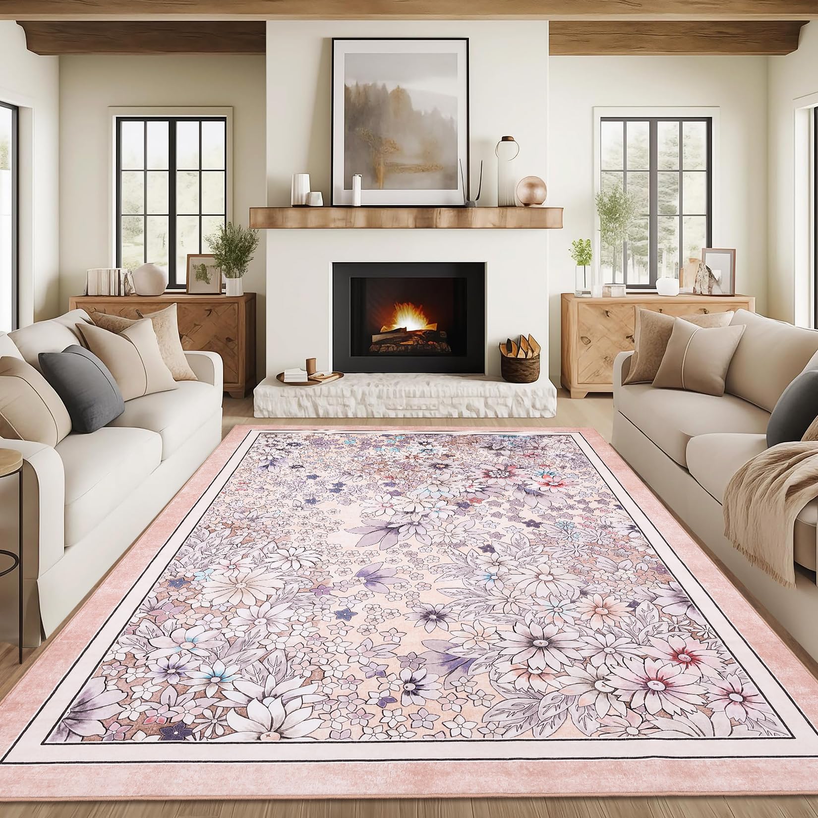 Garvee 8x10 Area Rugs Washable Boho Floral Vintage Low Pile Non Slip Carpet for Living Room Bedroom Light Pink