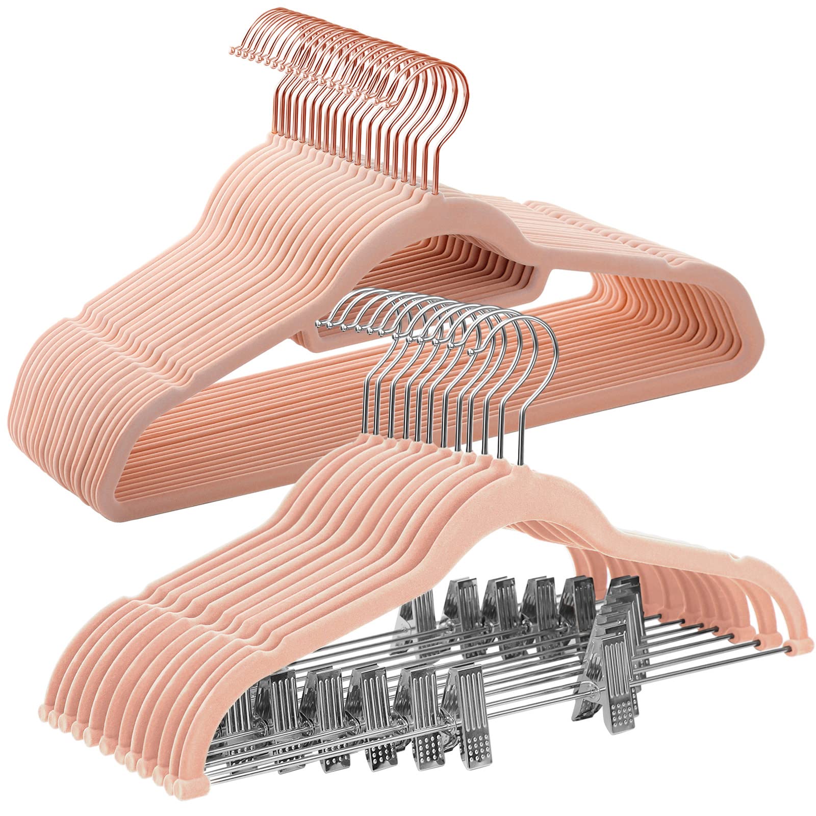 SONGMICS 50 Velvet Coat Hangers Bundle with 30 Skirt Hangers, Space-Saving Closet Organization, Swivel Hooks, for Shirts, Pants, Skirts, Light Pink UC