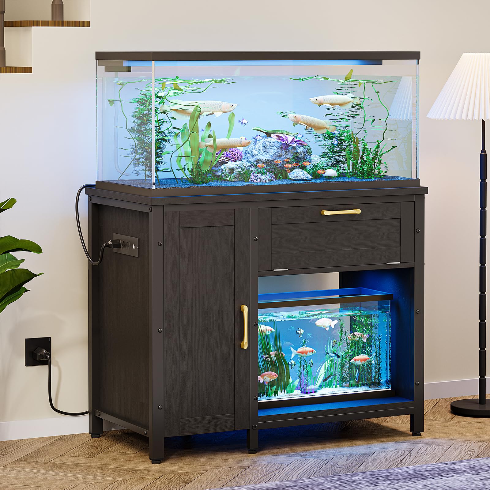 Bestier 40-50 Gallon Fish Tank Stand with Power Outlet&LED Light, 37x18 Heavy-Duty Metal Aquarium Stand with Cabinet&Drawer for Accessories Storage, S