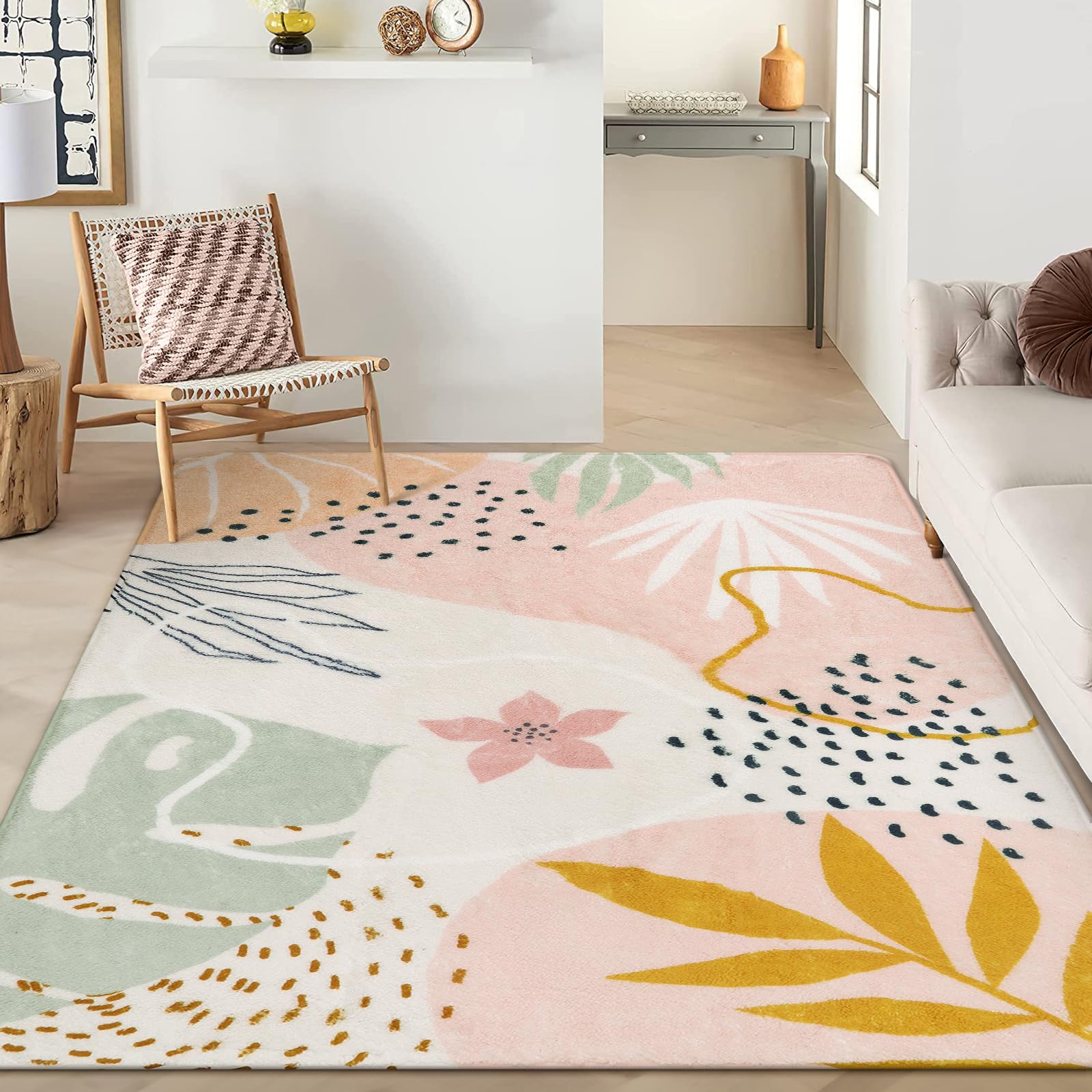 Lahome Pink Rug Machine Washable Area Rugs - 6x9 Non-Slip Large Living Room Rug Lightweight Throw Soft Carpet for Bedroom, Boho Botanical Print Ultra-