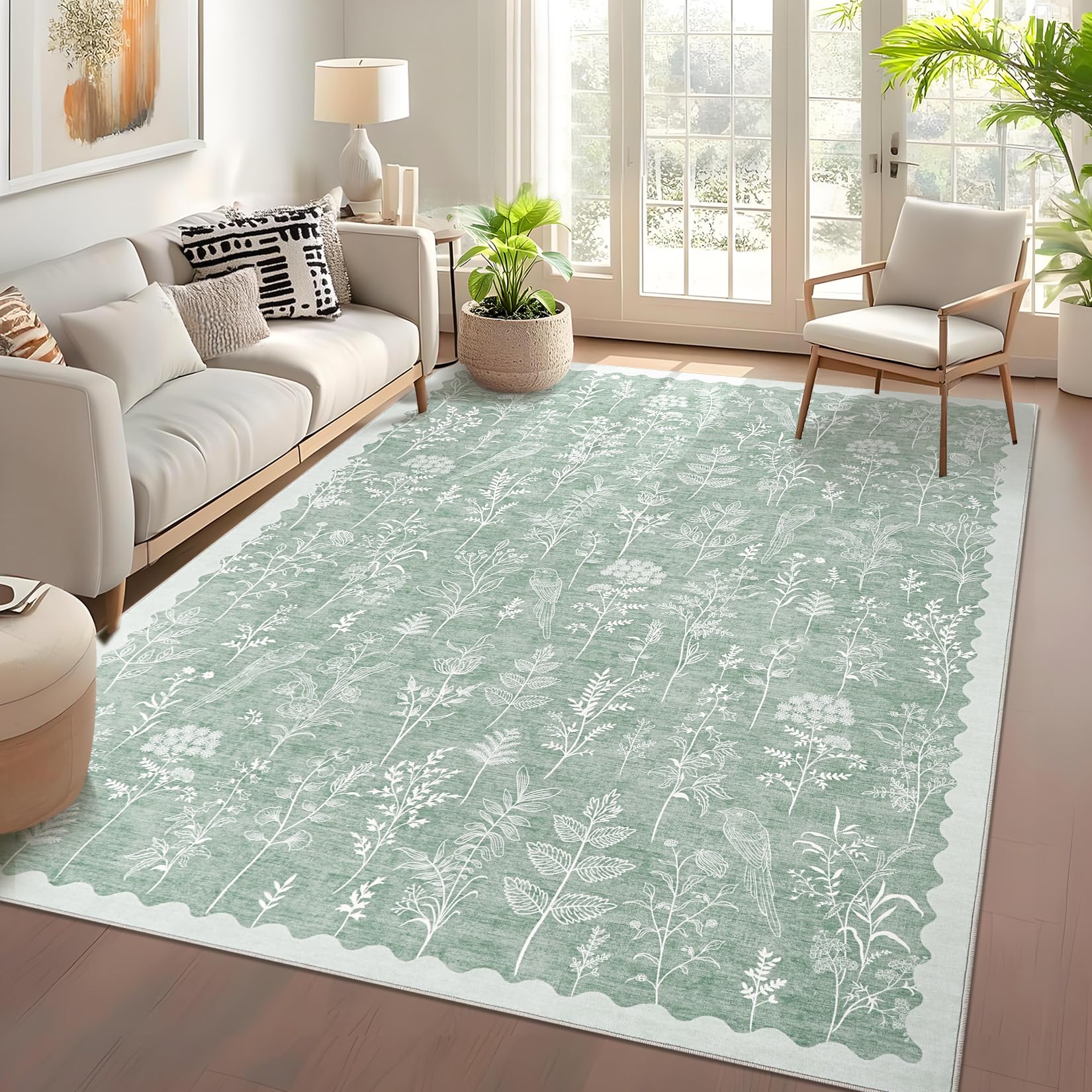 Garvee 10x13 Extra Large Washable Area Rug Green Floral Low Pile Non Slip Carpet for Living Room Kids Room Nursery