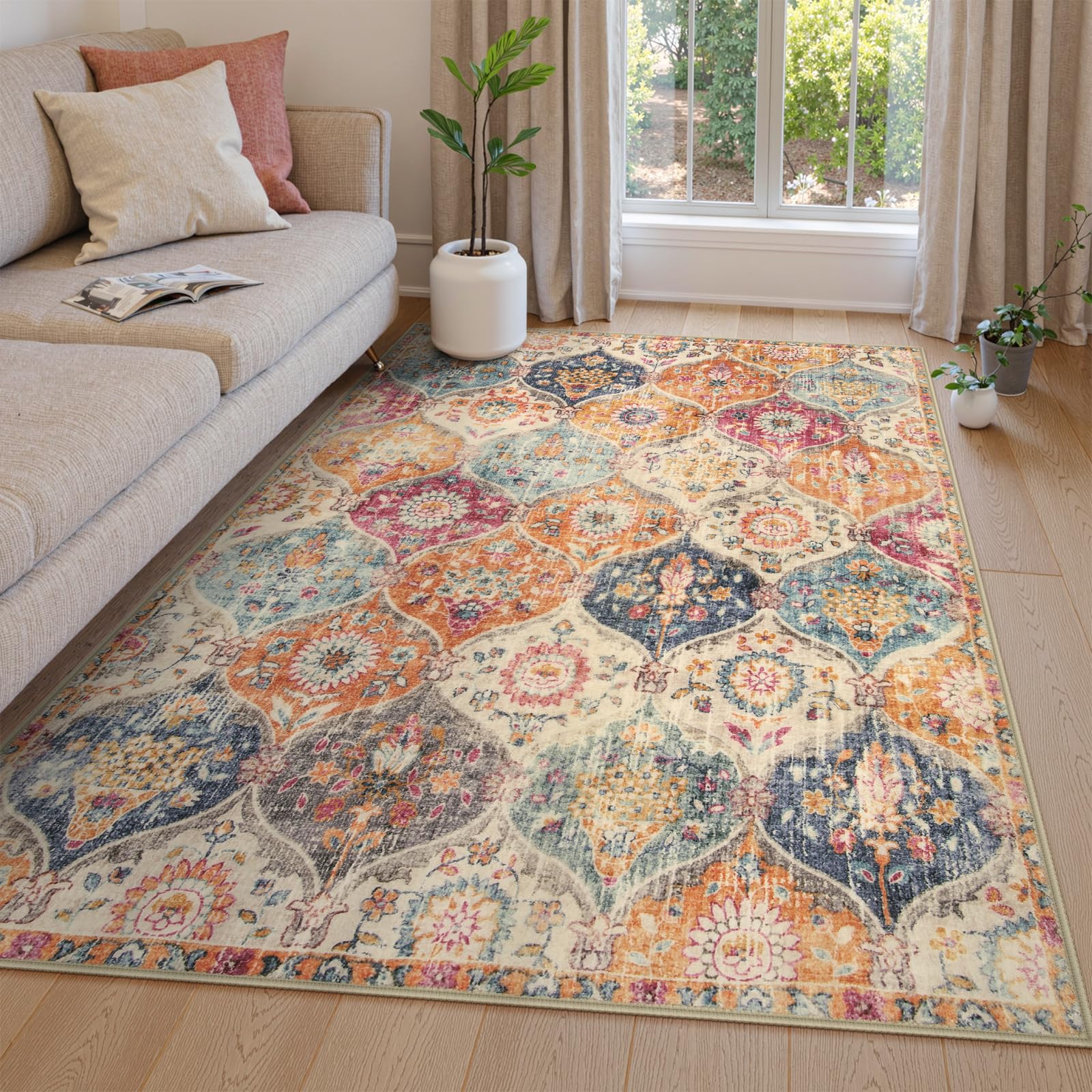 Lahome Moroccan Trellis Washable Area Rugs 5x7, 5x7 Area Rugs for Living Room Bedroom, Indoor Non-Slip Large Oriental Accent Throw Carpet for Kitchen