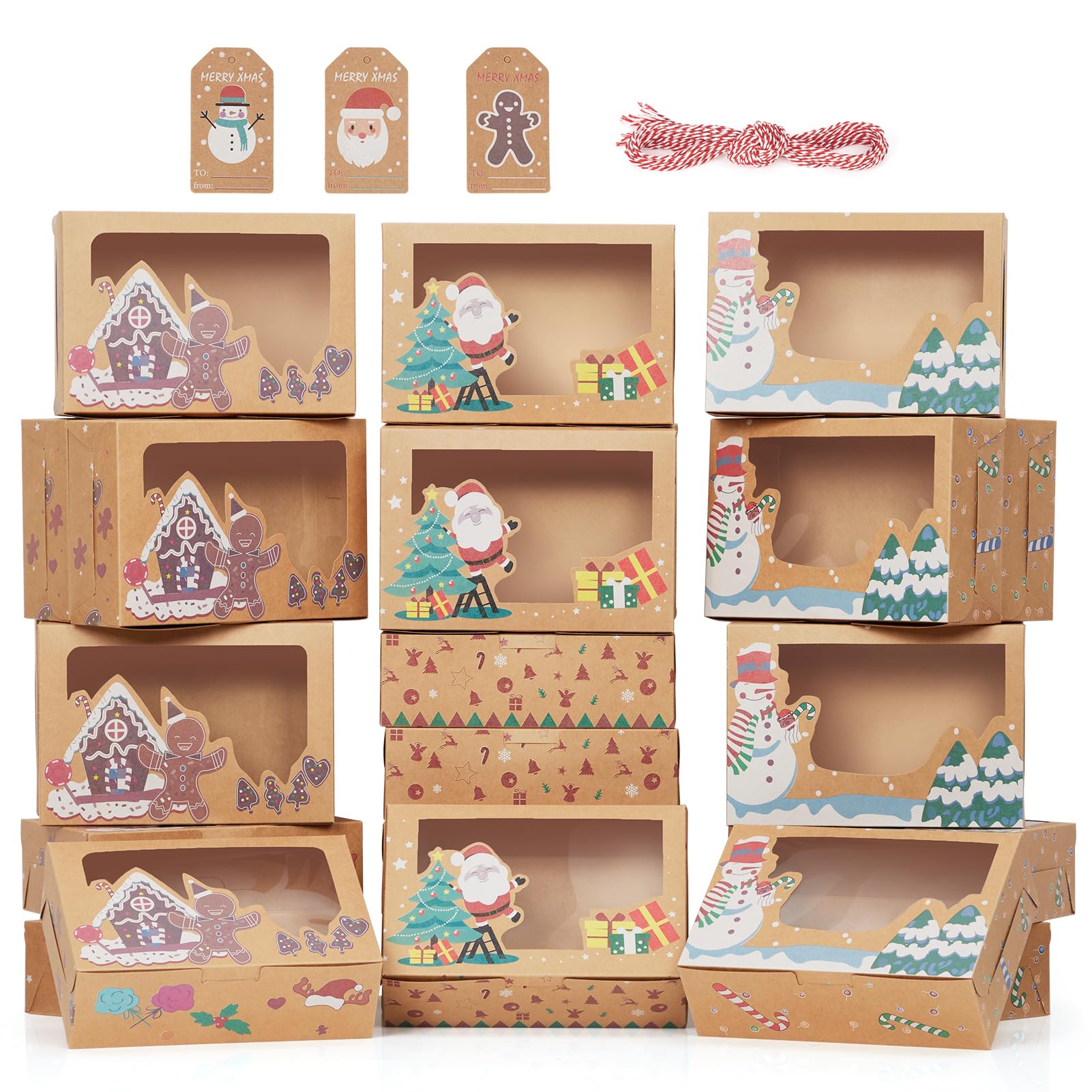 Garvee 24 Pack Christmas Cookie Boxes, Foldable Treat Box with Window, for Pastries, Cupcakes, Candy and Gift Giving, Food Grade Kraft Bakery Boxes, R
