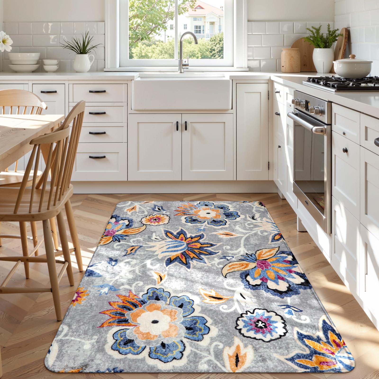 Lahome Floral Washable Carpet for Living Room - 3x5 Non-Slip Lightweight Kitchen Rugs, Throw Soft Small Area Rug for Bedroom Grey Paisley Print Aesthe