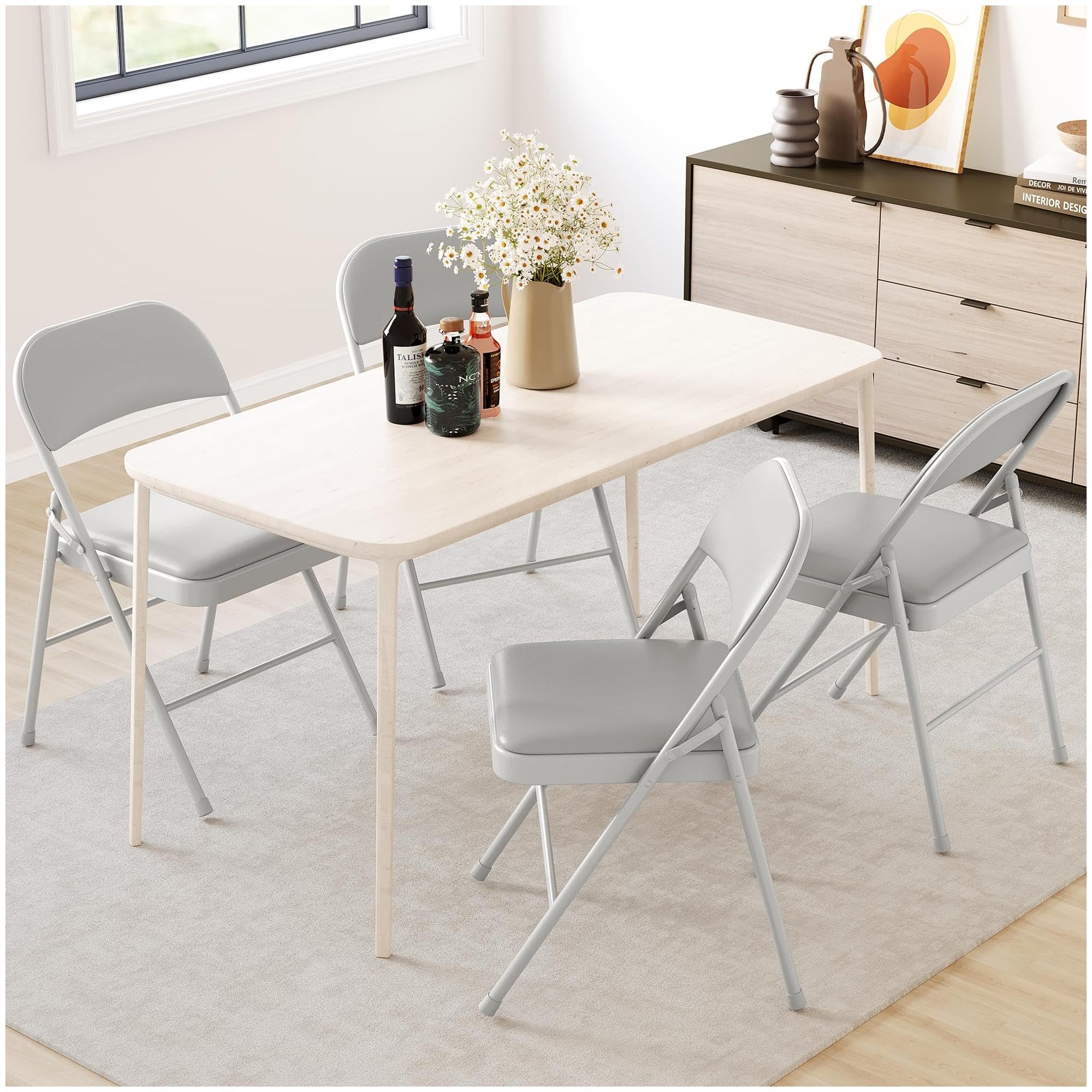 Garvee Folding Chairs 4 Pack with Padded Cushion and Back, Metal Frame, Holds Up to 350 Pounds, Foldable, Portable, Indoor-Outdoor, Grey