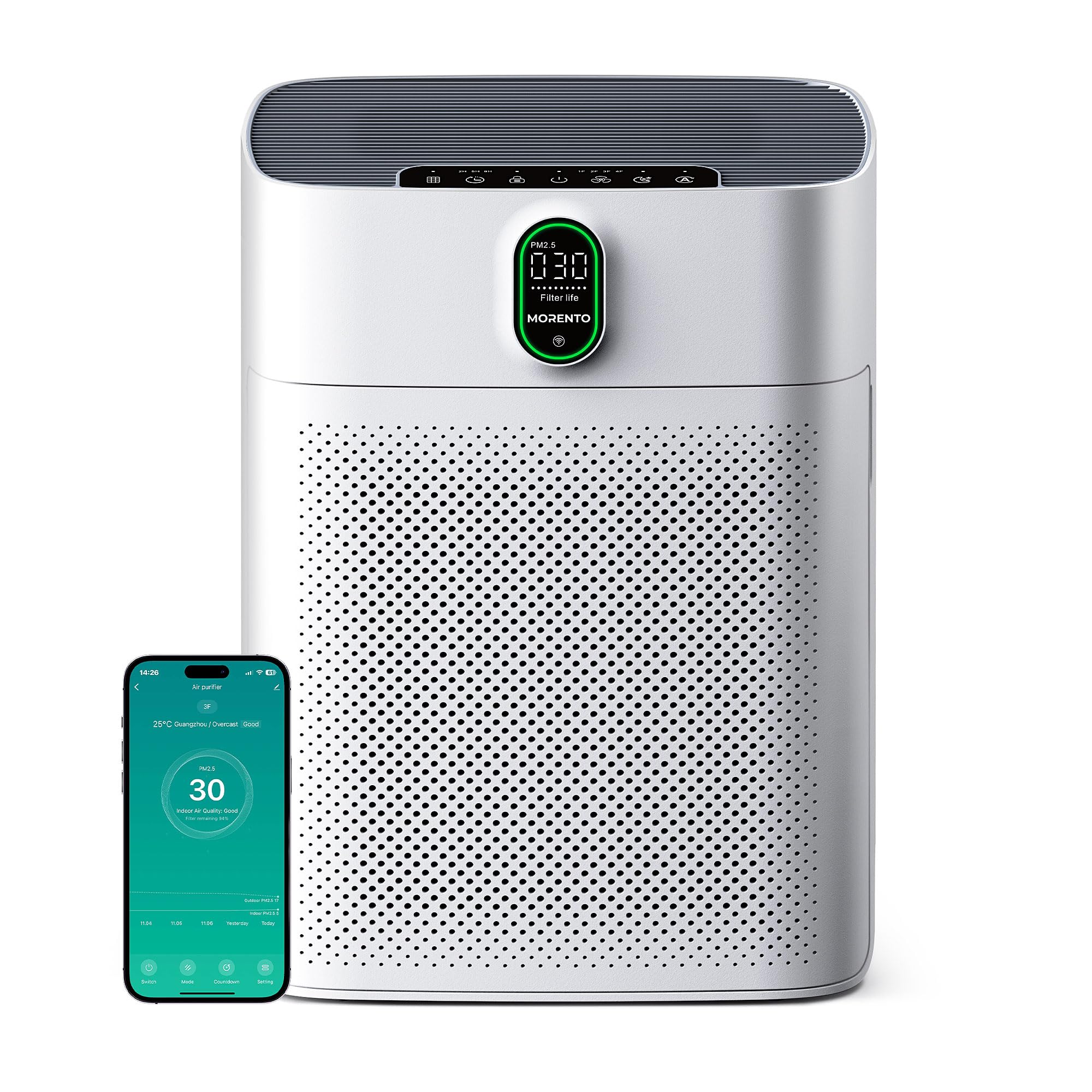 MORENTO Smart Air Purifier for home Large Rooms up to 1076 ft², Wi-Fi and Alexa compatible, Auto Mode, Quiet Mode 24dB, HEPA Filter Removes Dust, Pol