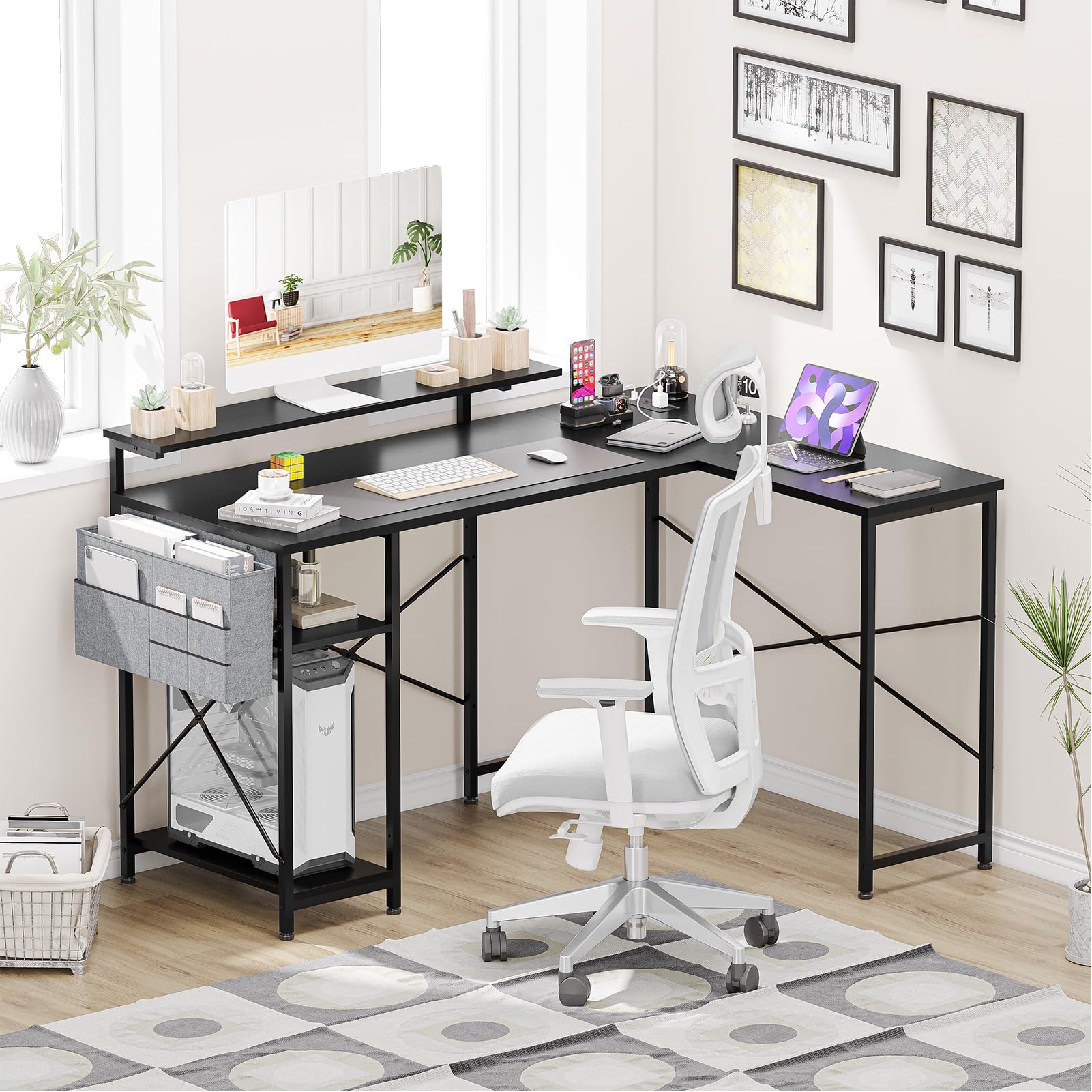 Garvee 54" L-Shaped Gaming Desk with Power Outlet & LED Light, Black