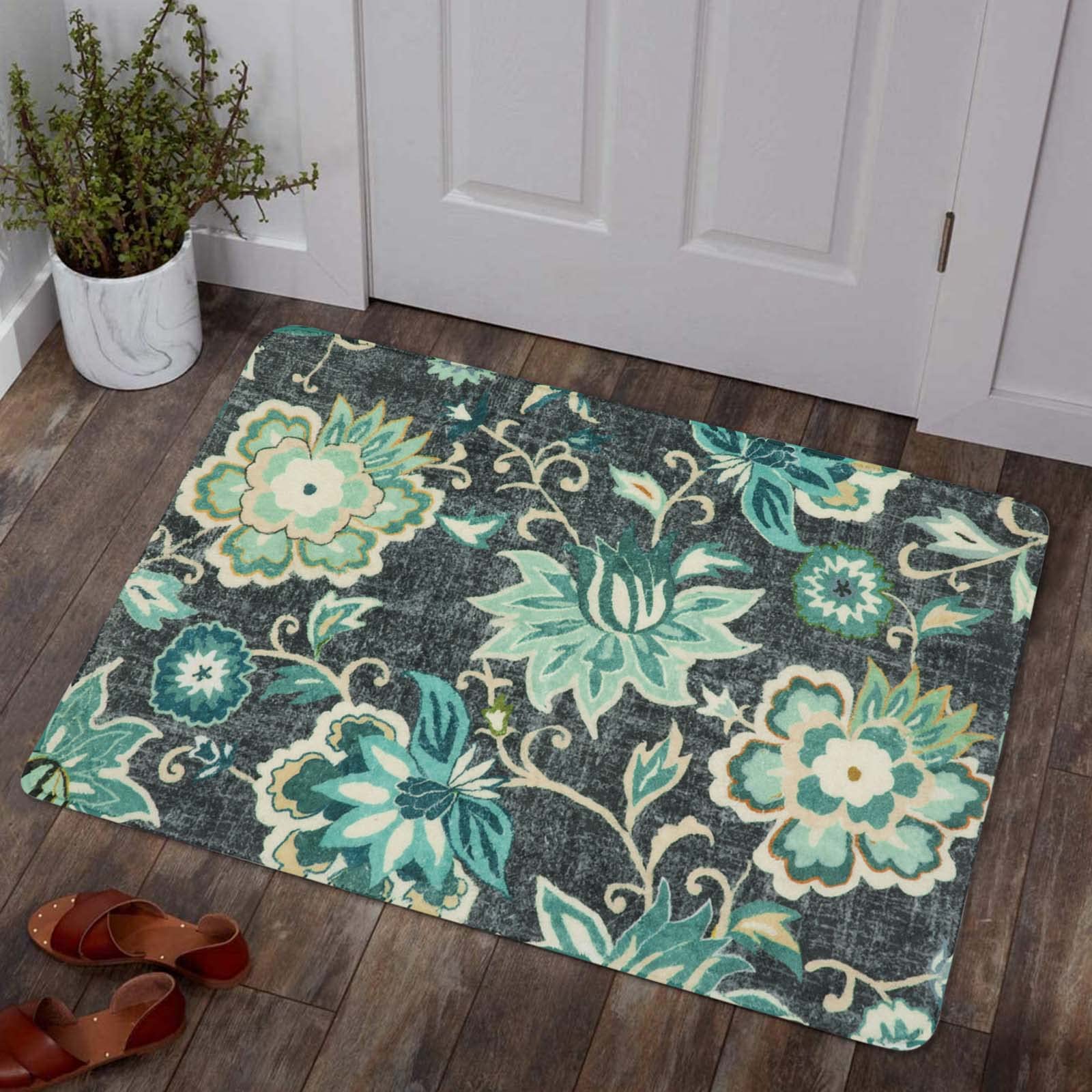 Lahome Floral Entryway Rug - 2x3 Small Throw Kitchen Rugs Non-Slip Washable Bedroom Rugs Blue Paisley Print Bathroom Mat Accent Distressed Doormat Flo