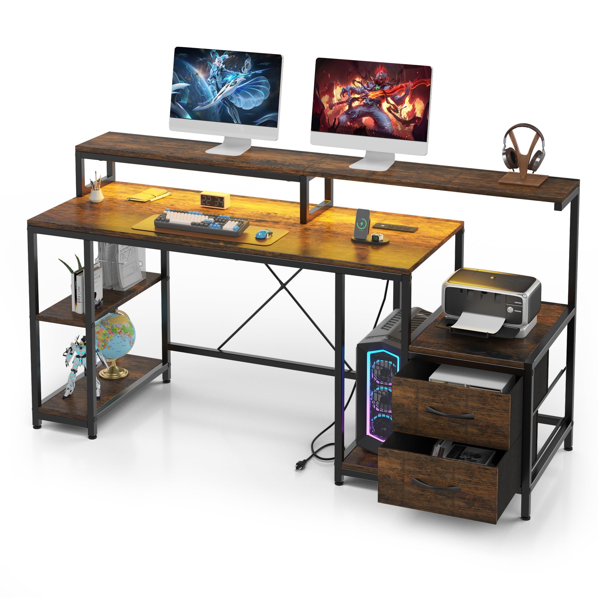 Garvee Computer Desk with LED Light & Power Outlets, Monitor Stand, Printer Space, Drawers, Storage Shelves, Study Work Desk, White - Rustic Brown