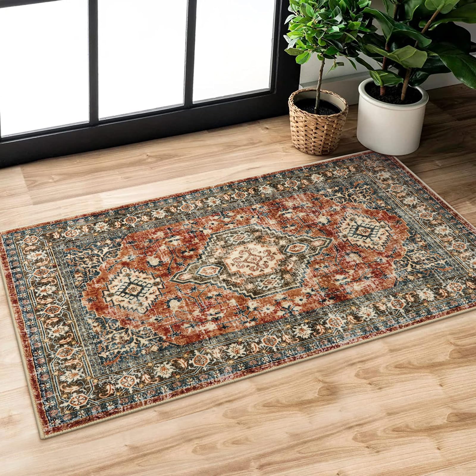Lahome Oriental Small Area Rug, 2x4 Washable Entryway Rug Non-Slip Ultra-Thin Indoor Door Mat Distressed Throw Carpet for Kitchen Bedroom, Brick Red B