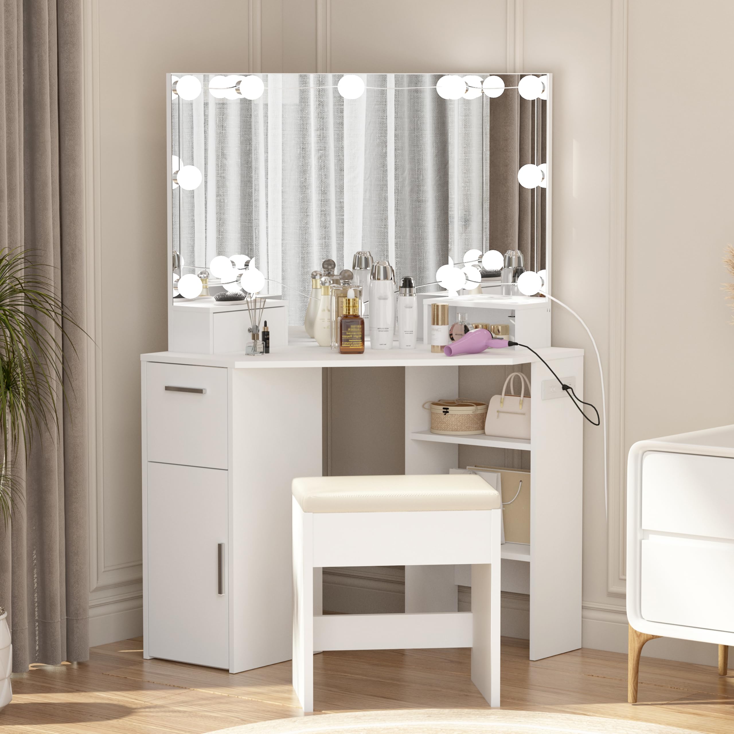 Garvee Corner Vanity Mirror with Lights and Table Set & Power Outlet, Makeup Vanity Table with Lights with 2 Drawers & Stool, 3 Ligthing Color Vanity 