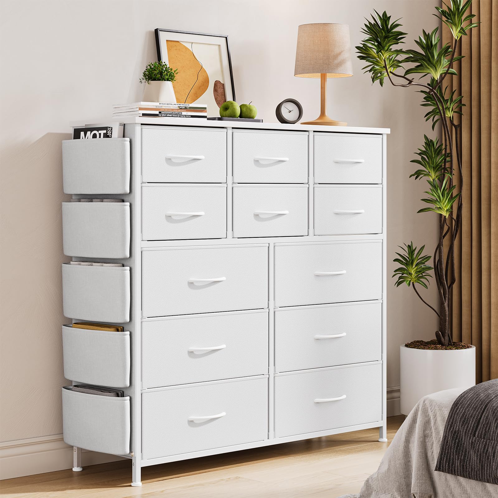 Garvee White 12 Drawer Dresser for Bedroom, Fabric Dressers & Chests of Drawers with Side Pockets, Chest of Drawers for Closet, Living Room, Closet, H