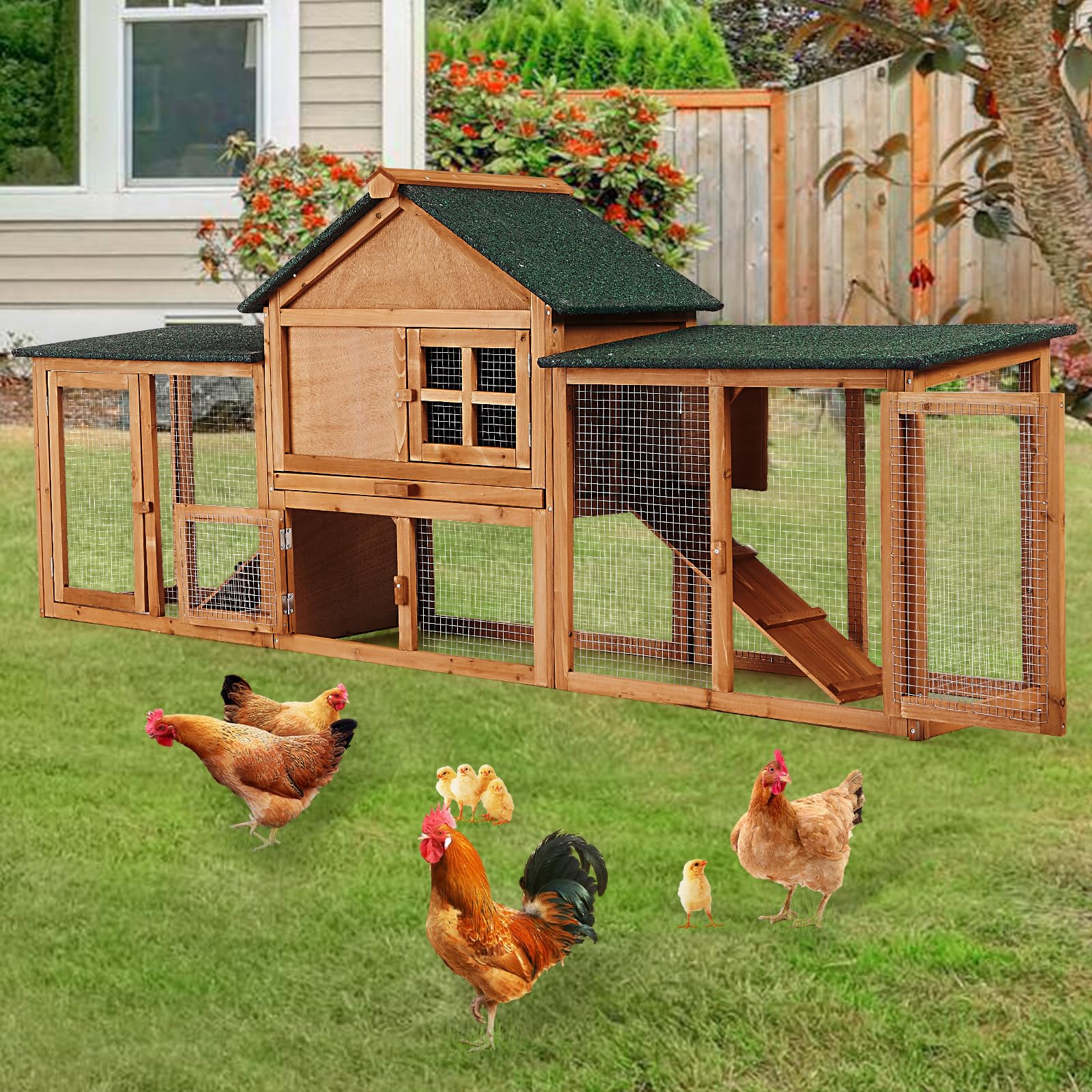 Garvee 80in Wooden Rabbit Hutch, Outdoor Chicken Coop, Bunny Hutch Guinea Pig Pet House Bunny Cage with Double Side Runs, Weatherproof Roof, Removable
