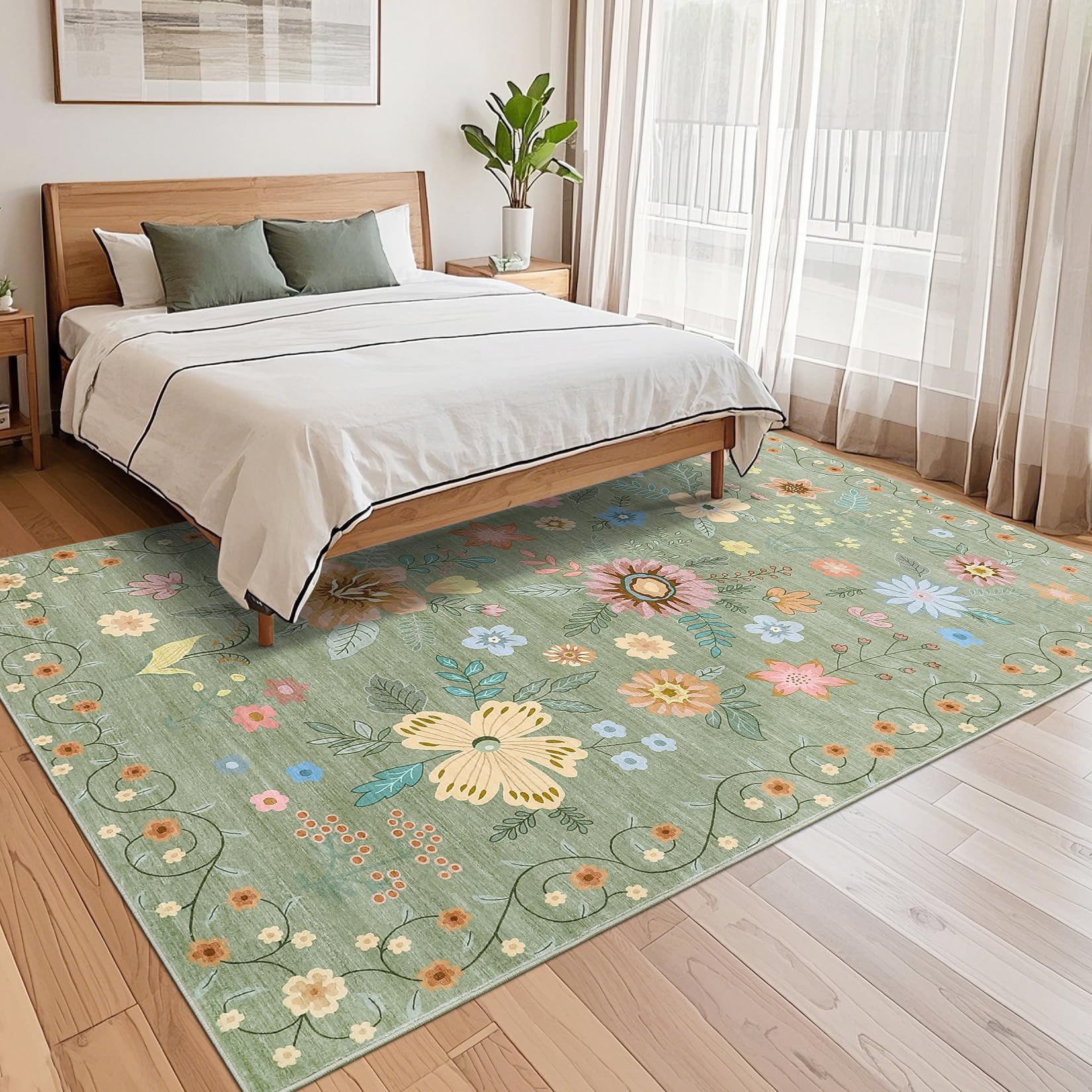 Garvee Floral 8x10 Large Area Rugs for Living Room, Ultra-Thin Soft Boho Flower Carpet Rug, Green
