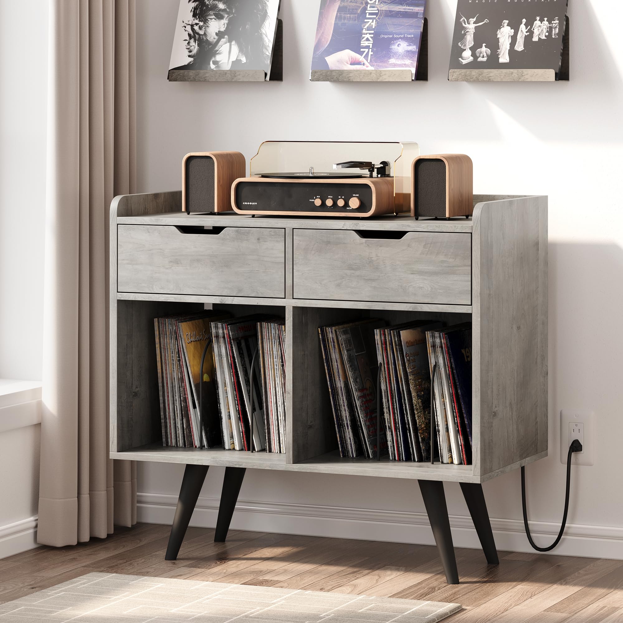 Garvee Record Player Table Stand with Storage Drawers, Vinyl Record Table Cabinet with Power Outlet, Large Wooden Turntable Stand for Album Storage in