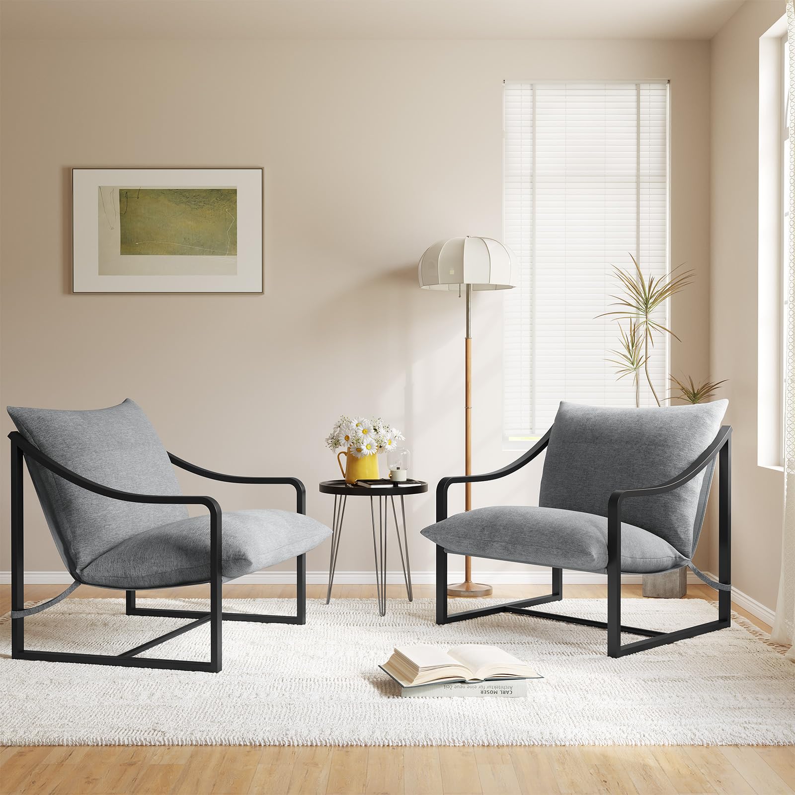 Garvee Accent Chairs Set of 2, Metal Frame Living Room Chairs with SOFE Cushion, Comfy Chair for Bedroom, Grey Sling Accent Chair, Easy Assembly