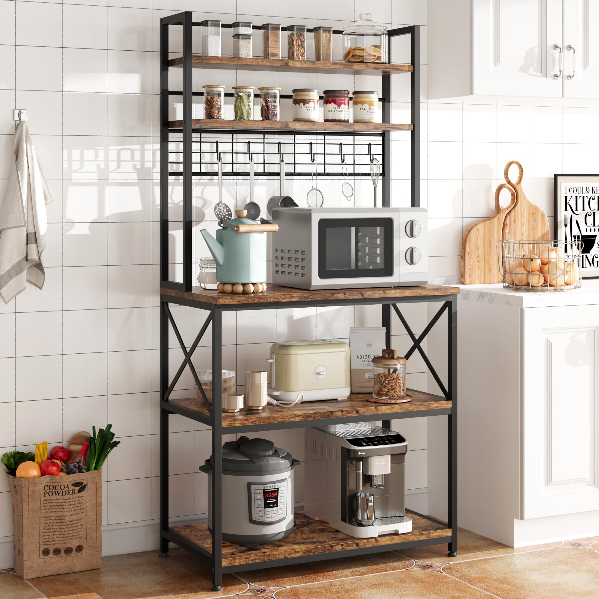 Garvee Kitchen Bakers Rack, Microwave Oven Stand with Large Storage, Industrial Coffee Bar Station, 5-Tier Kitchen Utility Storage Shelf with 6 Hooks 
