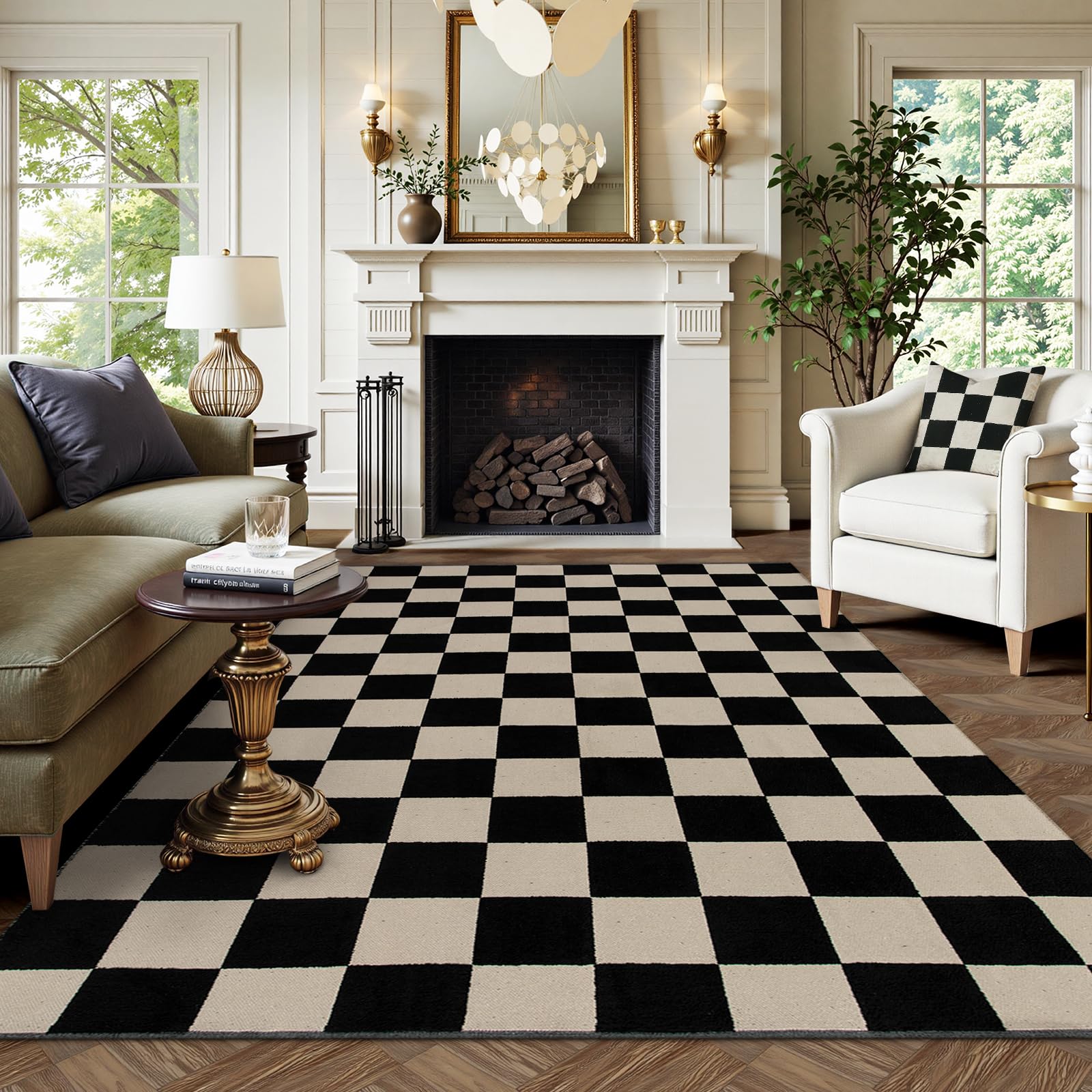 Lahome Checkered Rug 6x9, Boho Large Rugs for Living Room, Cotton Woven Checkerboard Carpet, Machine Washable Low Pile Black and Tan Carpets for Bedro
