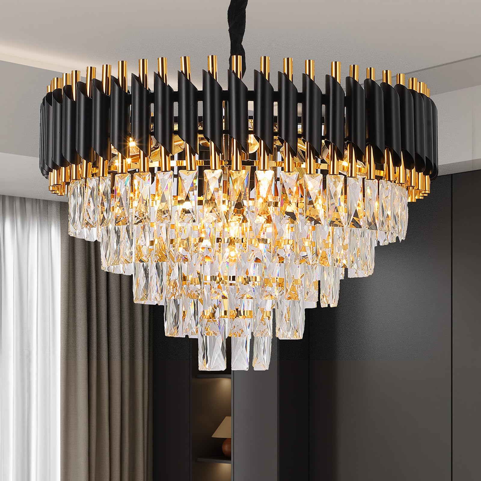 Garvee Modern Crystal Chandeliers 5 Tiers Black and Gold Pendant Light Fixtures, 10 Lights Black Modern Chandeliers for Living Room Dining Room Bedroo