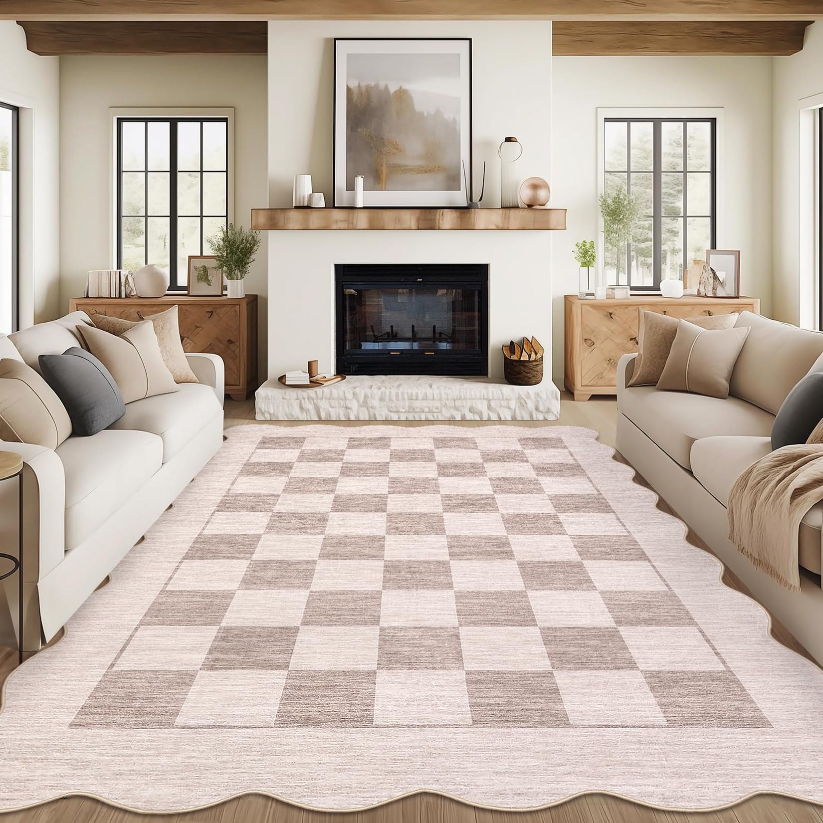 Garvee 5x7 Bedroom Rug Washable Modern Scalloped Accent Rug Checkered Non Slip Low Pile Carpet Beige
