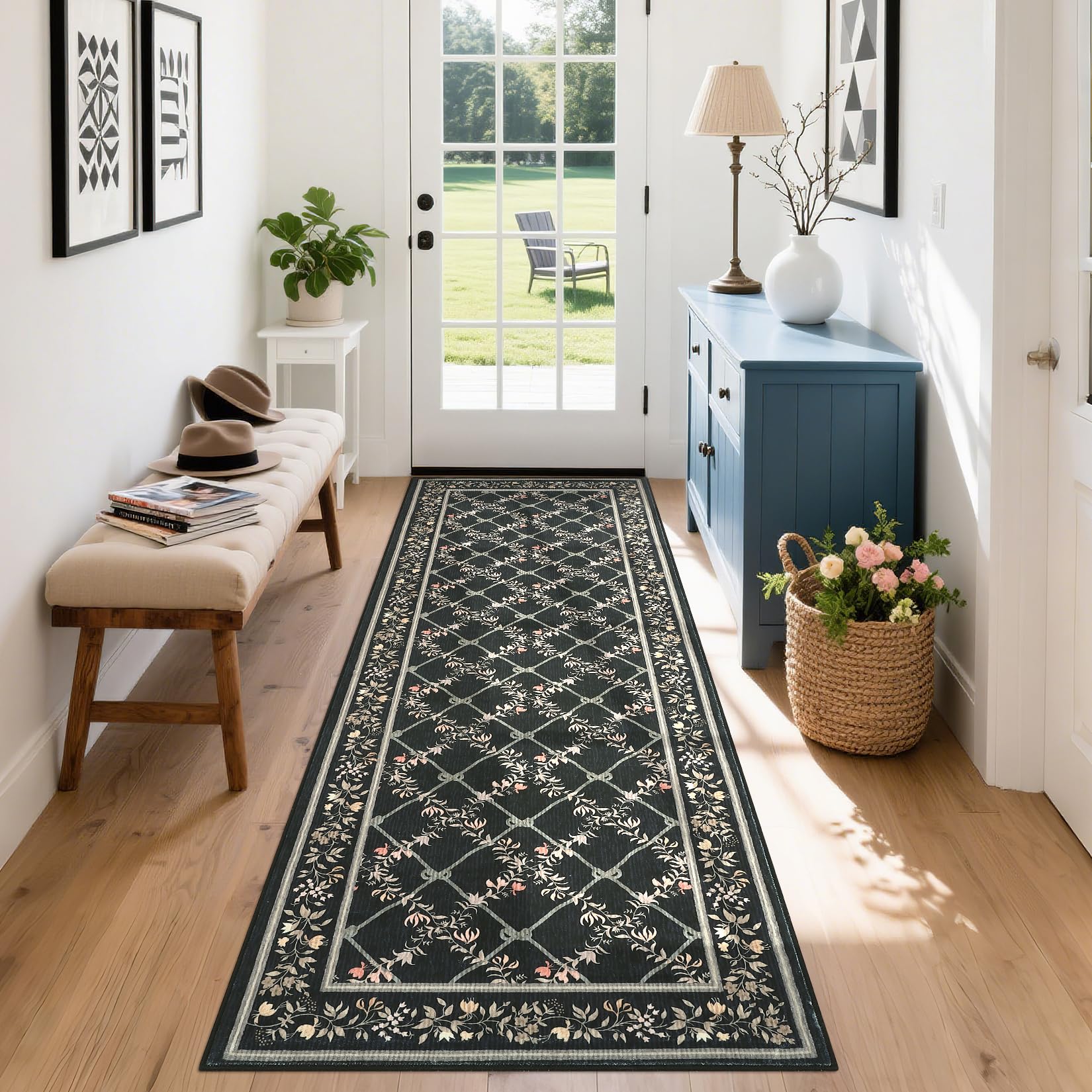 Garvee 2x6 Kitchen Runner Rug Non Slip Washable Modern Boho Floral Indoor Carpet Black
