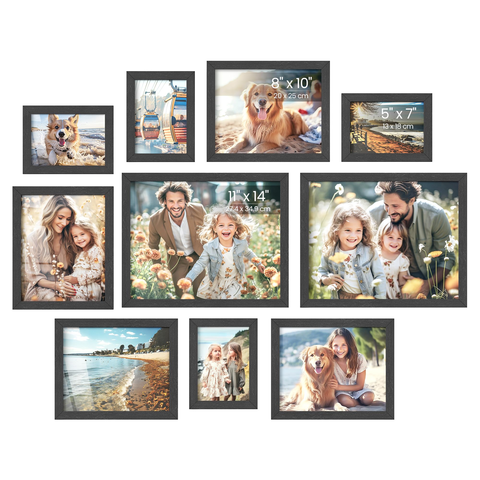 SONGMICS Picture Frames, Collage Picture Frames Set of 10, Two 11x14, Four 8x10, Four 5x7, Photo Frame for Wall Gallery Decor, Table Display, Glass, I