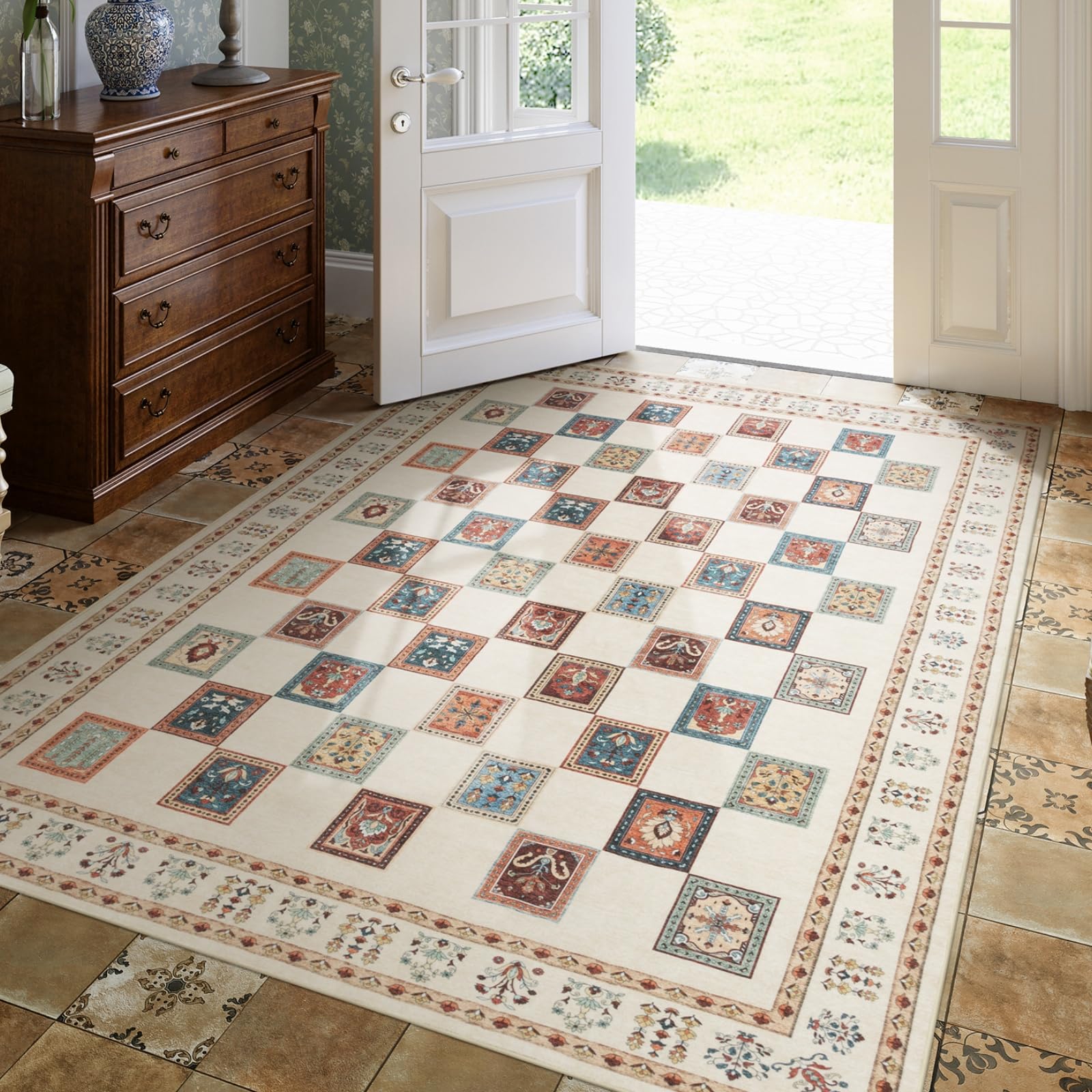 Lahome Checkerboard 5x7 Washable Rug, Vintage Retro Non Slip Carpet for Living Room Bedroom, Non Shedding Nursery Area Rugs for Kids Room (Beige-Multi