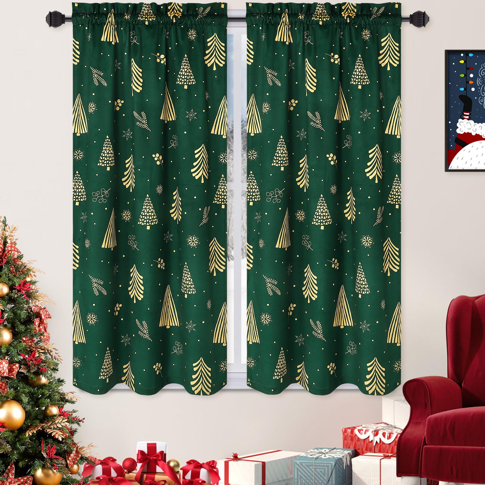 Garvee Christmas Kitchen Curtains for Windows, Velvet Short Curtains, Christmas Decoration Cafe Curtains, Thermal Insulated Room Darkening Curtain (Gr