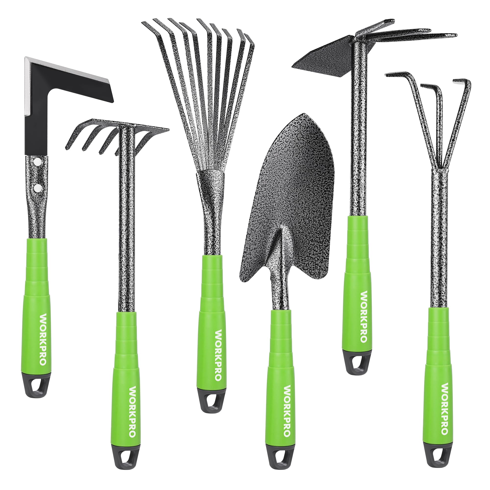 WORKPRO 6-Piece Garden Tool Set, Heavy Duty Gardening Hand Tools with Soft Rubber Handle, Including Trowel, Rakes, 2-in-1 Hoe and Crack Weeder, Ideal