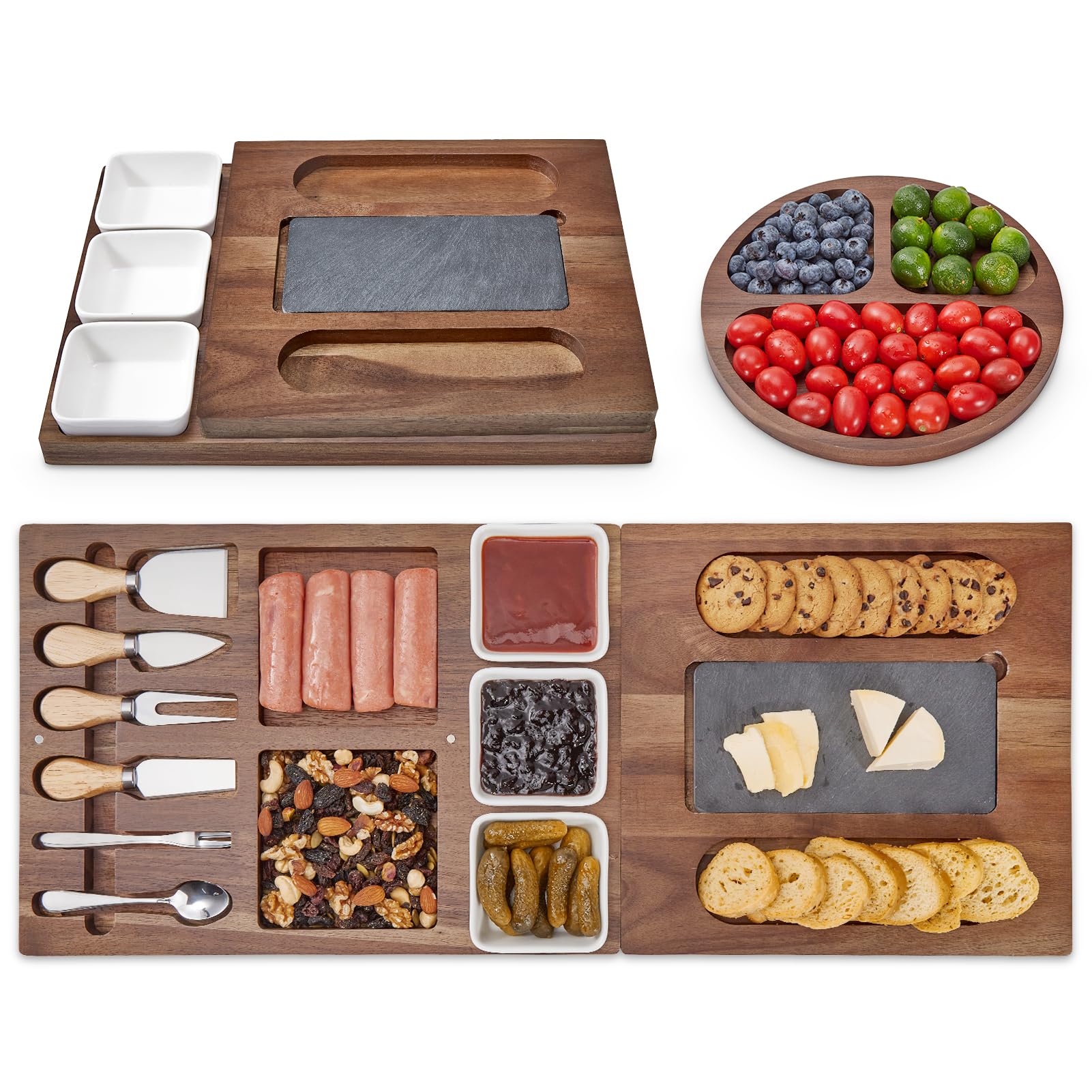 Garvee Acacia Charcuterie Boards and Knife Set, (27.6" x 11") Magnetic Extra Large Cheese Board Set with 3 Bowls & Marble Cutting Slate & Fruit Tray, 
