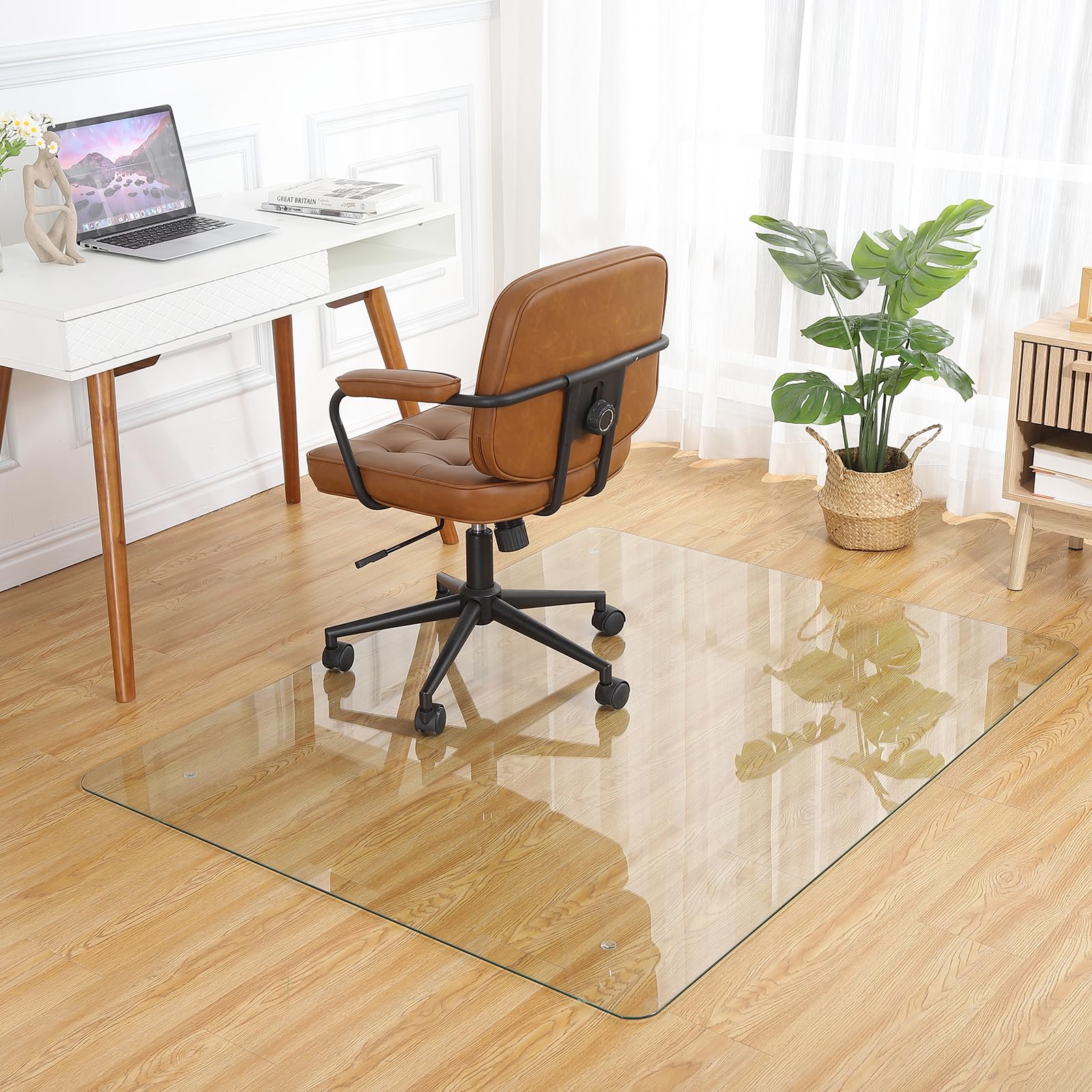 Garvee Tempered Glass Floor Mat, 46" x 60" Office Chair Mat with Round Corner and Polished Edge, 1-5" Thick Transparent Tempered Glass Computer Floor 