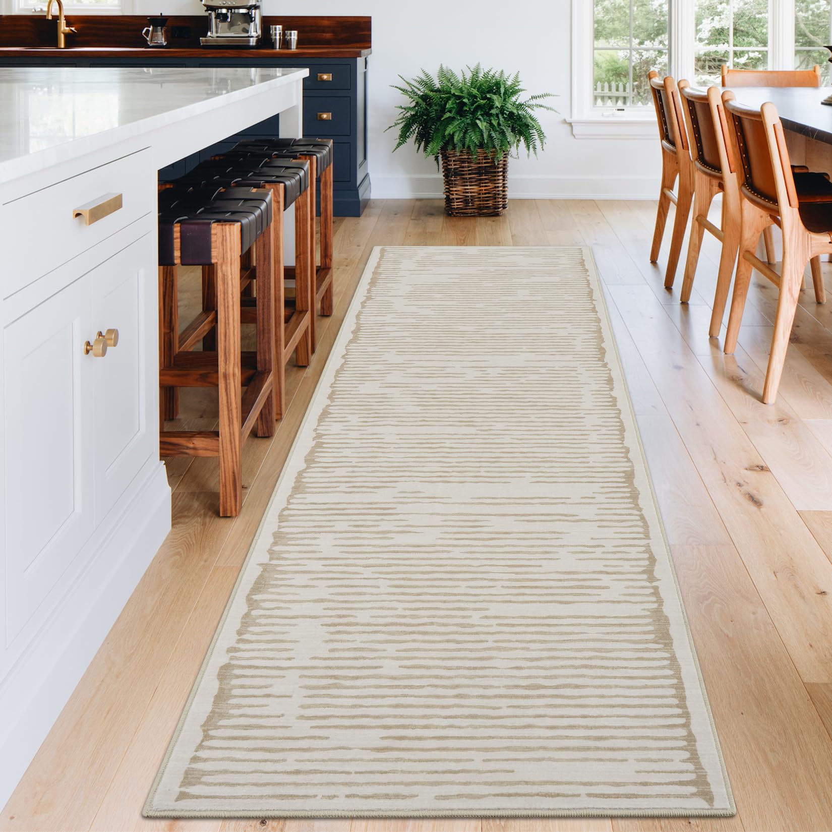 Garvee Runner Rug 2x6 Modern Stripe Carpet for Hallway Beige Soft Non Slip Low Pile Machine Washable