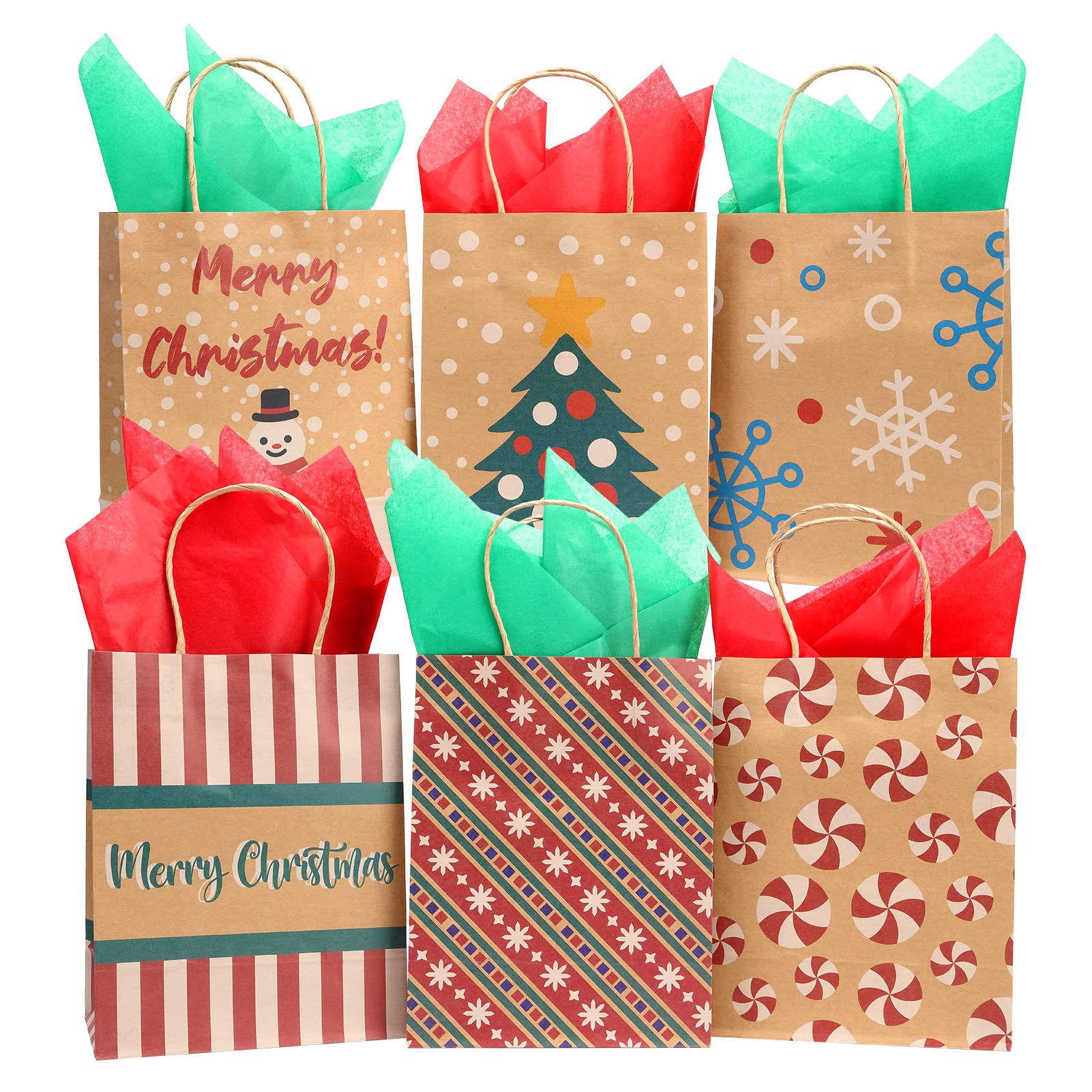 Garvee 24 Christmas Kraft Gift Bags,Christmas Treat Bags with Assorted Designs for Kraft Holiday Paper Gift Bags, Christmas Goody Bags, Xmas Gift Bags