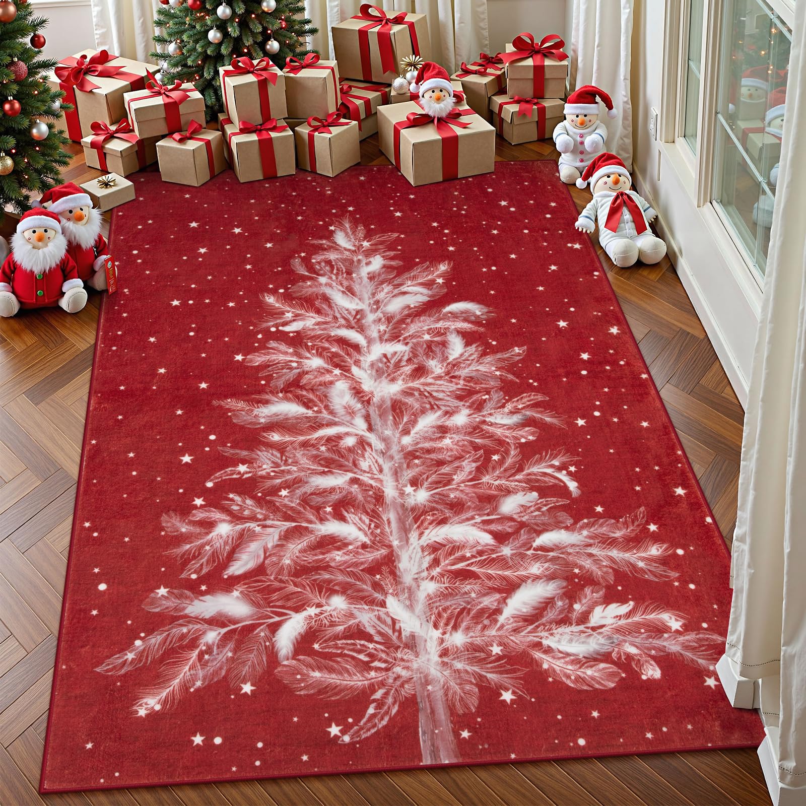 Lahome Christmas Area Rug 3x5 Rug Washable Soft Bedroom Rugs, Stain Resistant Red Christmas Rug Non-Slip Living Room Rug, Christmas Tree Print Holiday