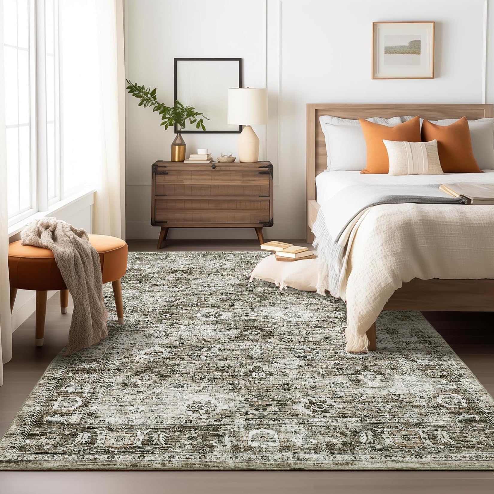 Garvee Washable 8x10 Area Rug Non Slip Vintage Floral Print Carpet for Living Room Bedroom Dining Room Grey Taupe