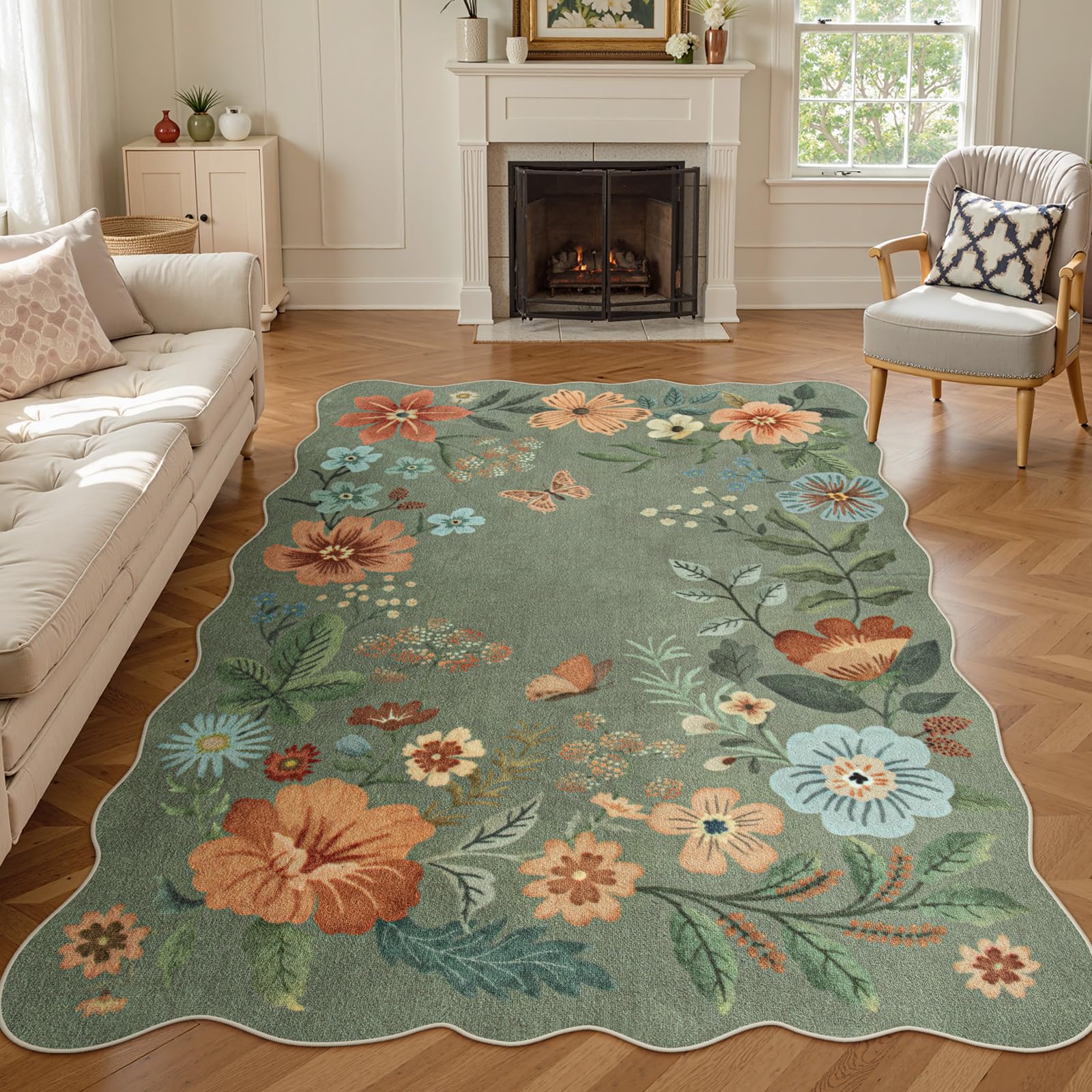Lahome Floral Living Room Rugs, Area Rugs 5x7 Rug for Bedroom Ultra-Thin Soft Rug, Non-Slip Washable Rugs Stain Resistant Boho Low-Pile Throw Carpet f