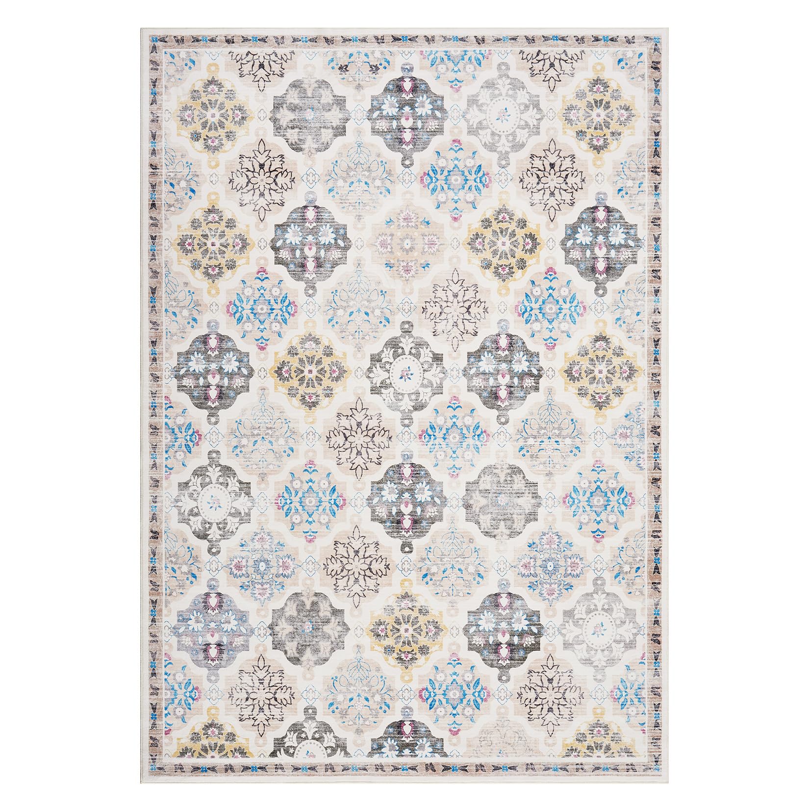 Garvee Boho Floral Checkerboard Washable Area Rug, Non-Slip Accent Carpet for Bedroom Living Room Kitchen Office, 8x10Ft Beige