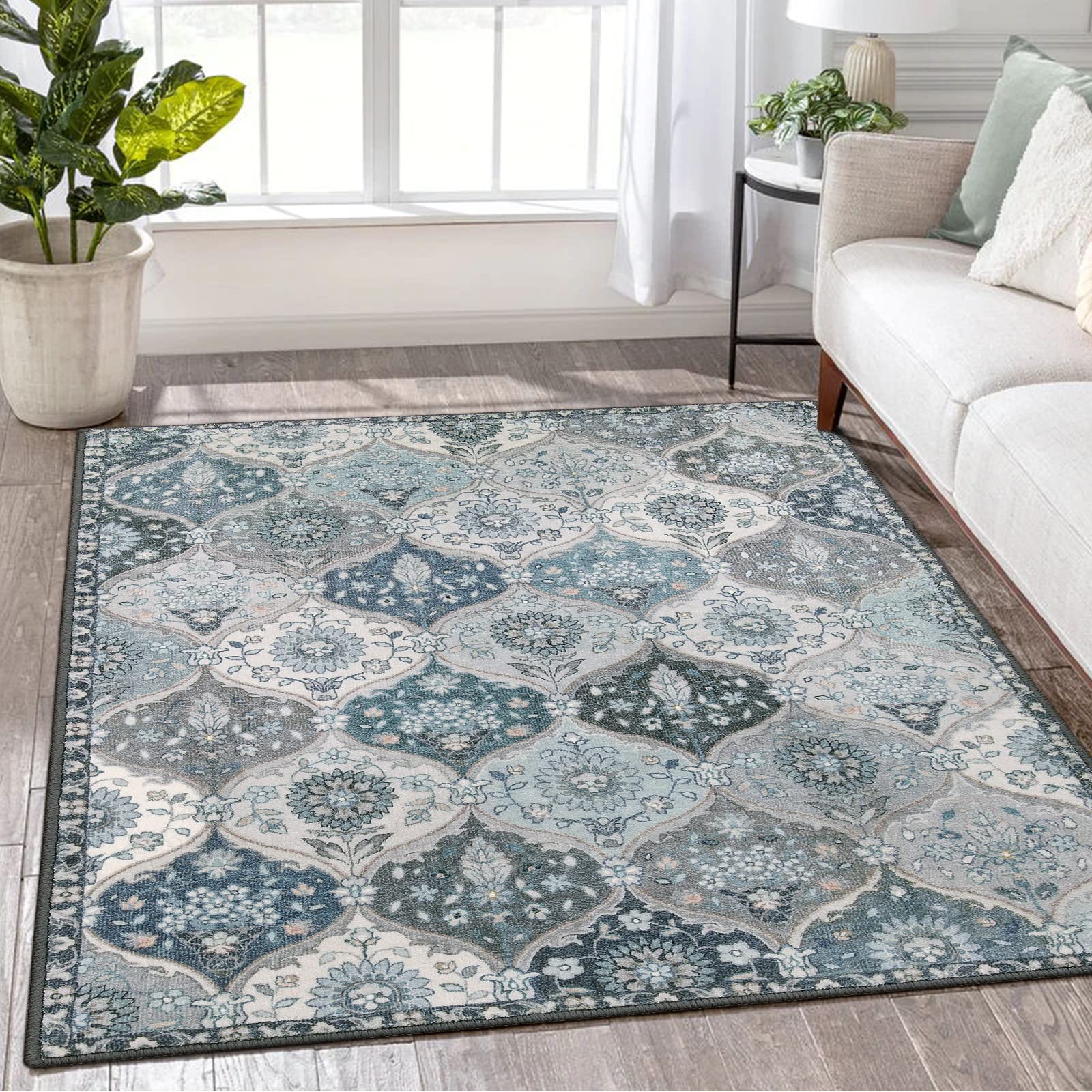 Lahome Moroccan Machine Washable Area Rugs, 4x6 Rug for Living Room Bedroom, Soft Non-Slip Rug Vintage Trellis Ultra-Thin Throw Carpet for Dining Room