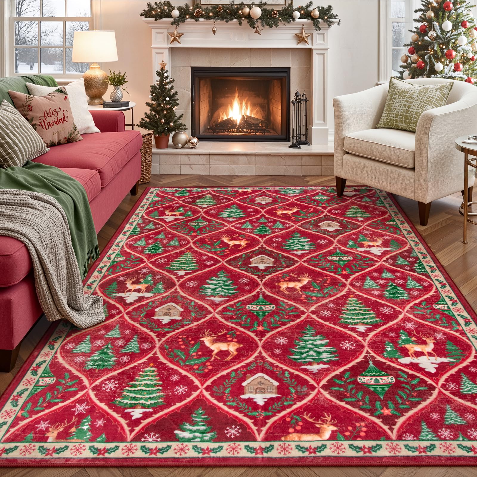Lahome Christmas Living Room Rug, 5x7 Print Christmas Reindeer Rugs for Bedroom Aesthetic Large Washable Carpet, Soft Xmas Tree Stain Resistance Dinin