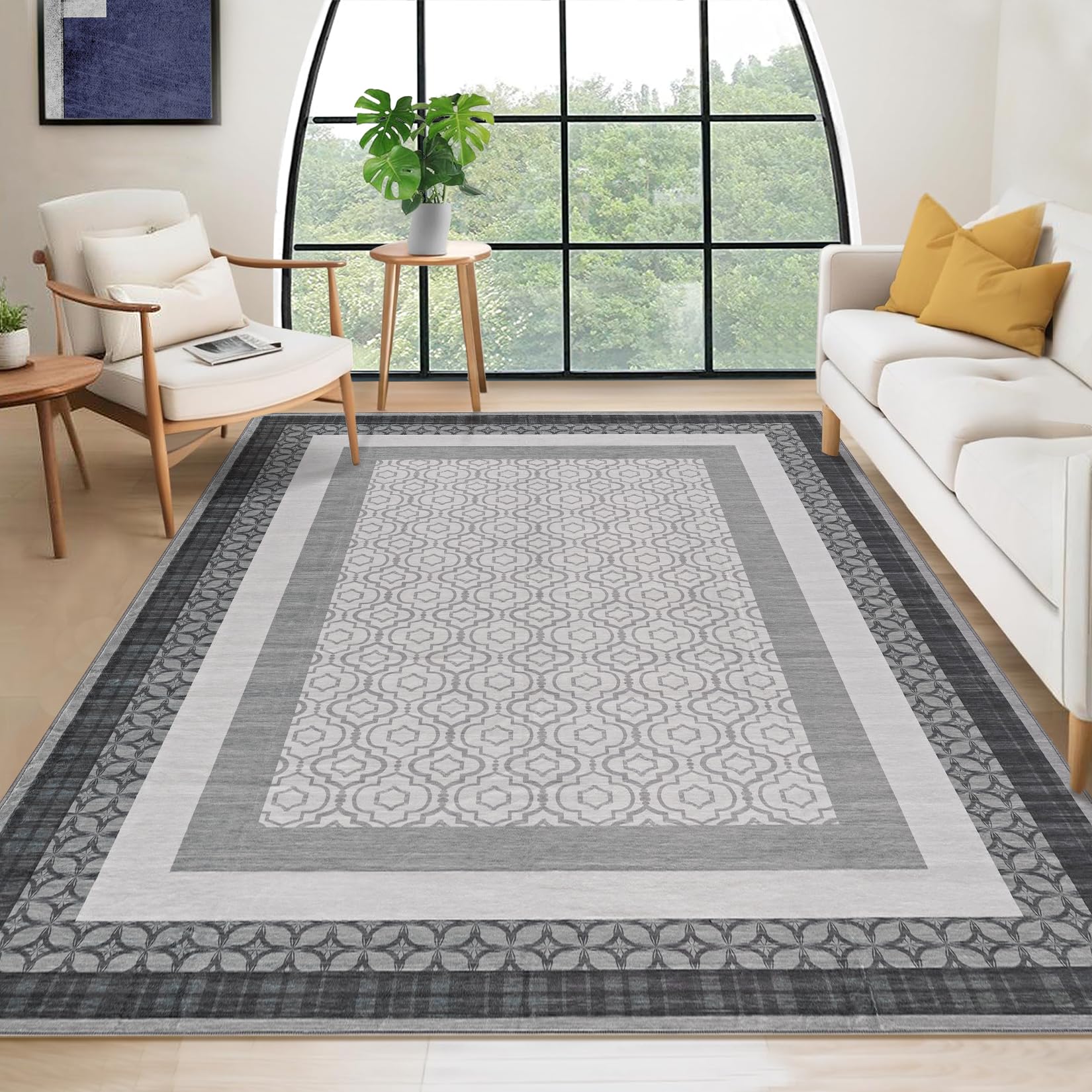 Garvee Abstract Washable 9x12 Area Rug for Living Room, Soft Low-Pile, Grey, Minimalist Border, Stain Resistant Carpet for Dining Room & Kids Playroom