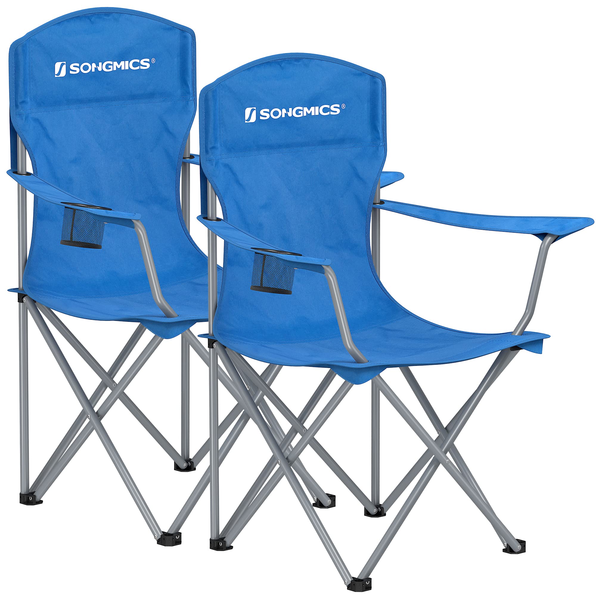 SONGMICS 2 Pack Folding Camping Chairs, Load 330 lb, Cup Holder and High Backrest, Heavy-Duty Structure, for Lawn, Garden, Fishing, Terrace Blue