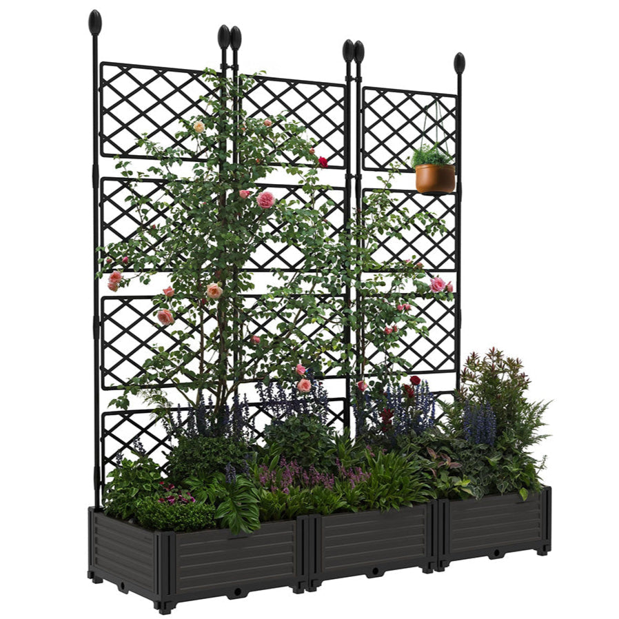 Garvee 3-Pack Plastic Planter Boxes w-Metal Trellis - Modular Privacy Screen & Raised Garden Bed for Balcony-Patio, Black