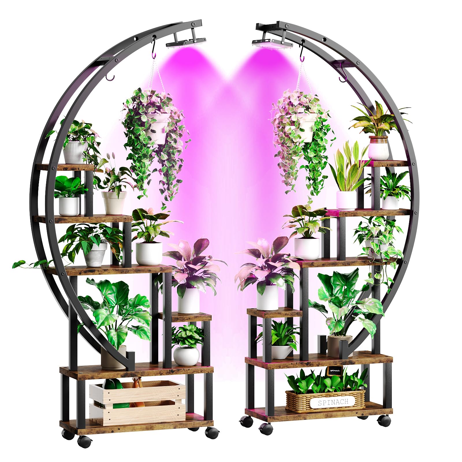 Bestier Plant Stand Indoor with Grow Lights, 6 Tiered Metal Plant Stand with Wheels for Plants Multiple, Half-Moon Shape Plant Rack Display Shelf, Lar