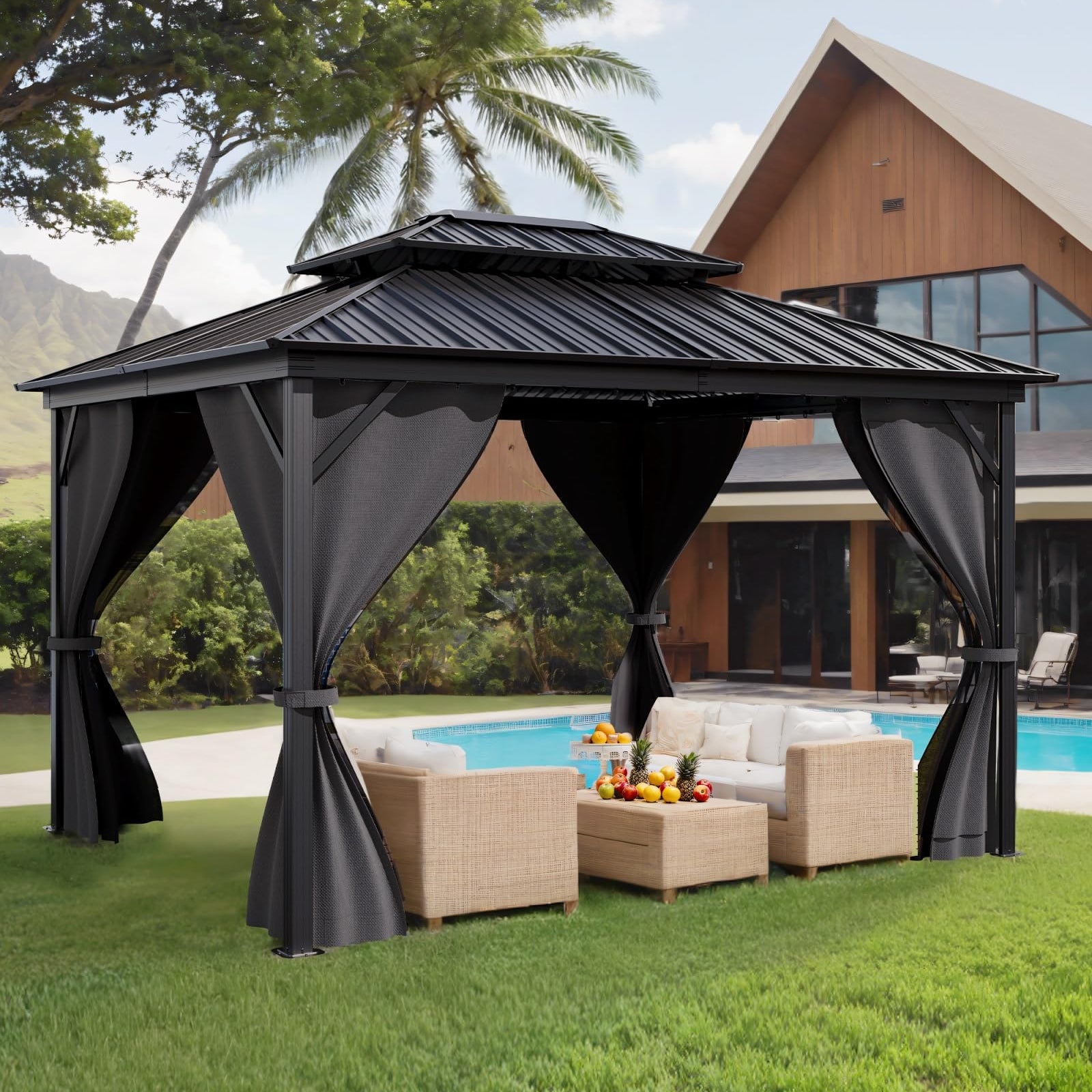 Garvee 10'x14' Hardtop Gazebo, All-Weather Double Metal Roof & Aluminum Frame, Mosquito-Proof Net-Curtains for Patio-Backyard, Grey