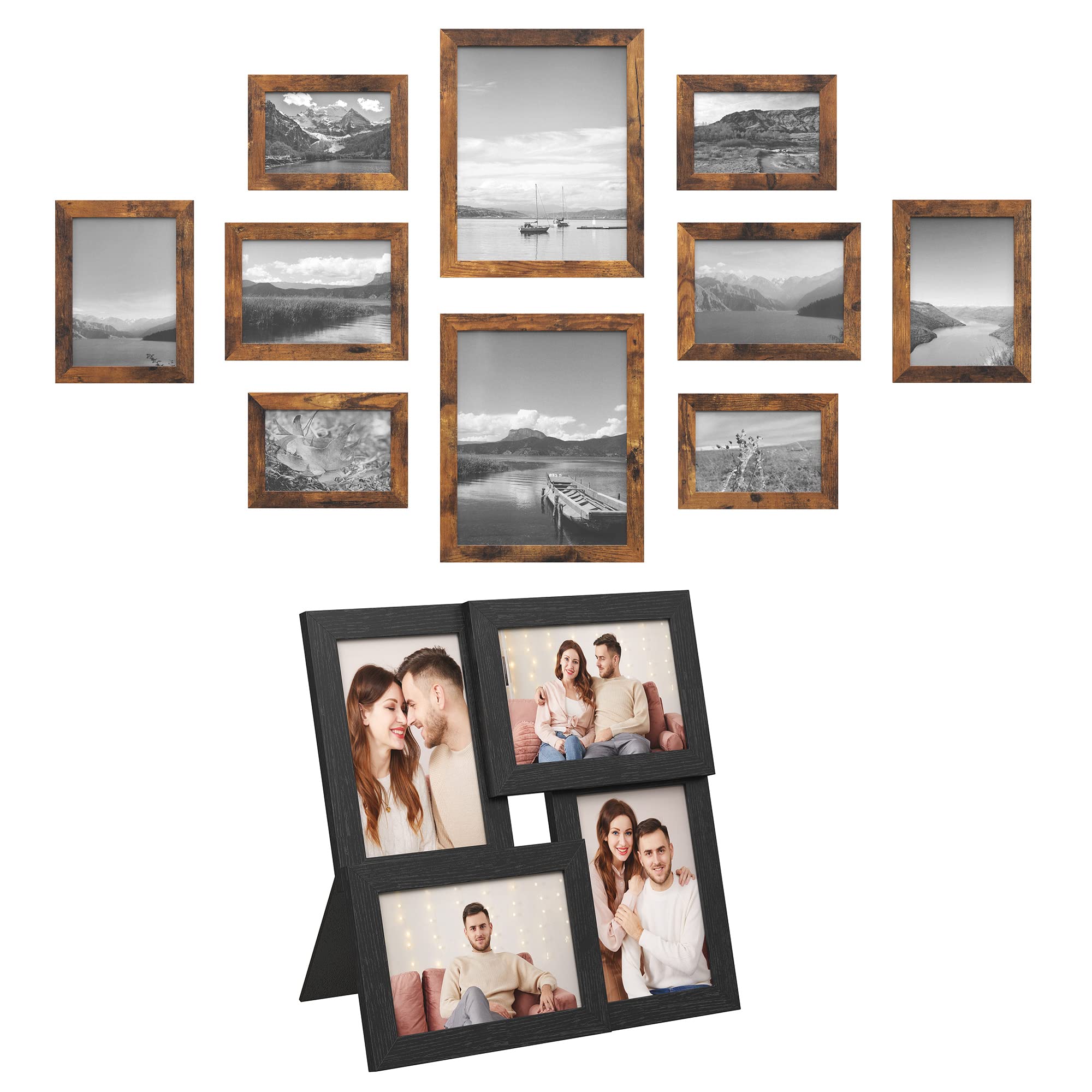SONGMICS 10 Photo Frames and 4 Picture Frame Collage Bundle, Total of 14 Frames for 8 x 10, 5 x 7, and 4 x 6 Photos, Glass Front, Rustic Brown and Bla