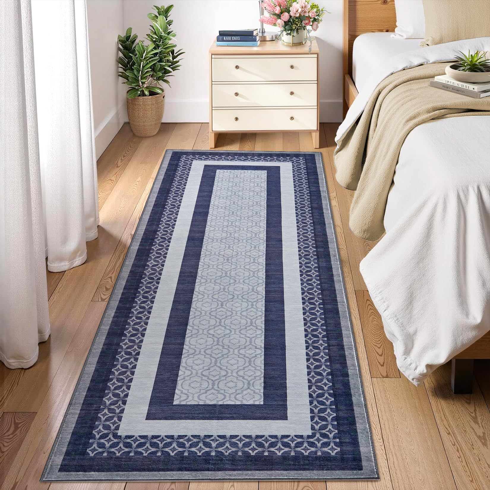 Garvee Washable Navy Blue 2x6 Runners for Hallways Modern Abstract Non Slip Bathroom Rug Runners Low-Pile Soft Kitchen Runner Rubber Backed Carpet for